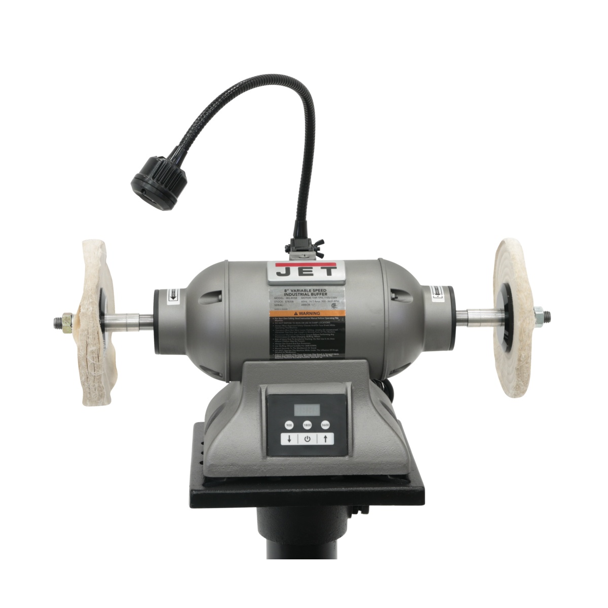 Jet Tools 578218 IBG-8VSB 8 inch variable speed industrial buffer shown from the front on a shop stand with dual buffing wheels and task light for bench polishing work