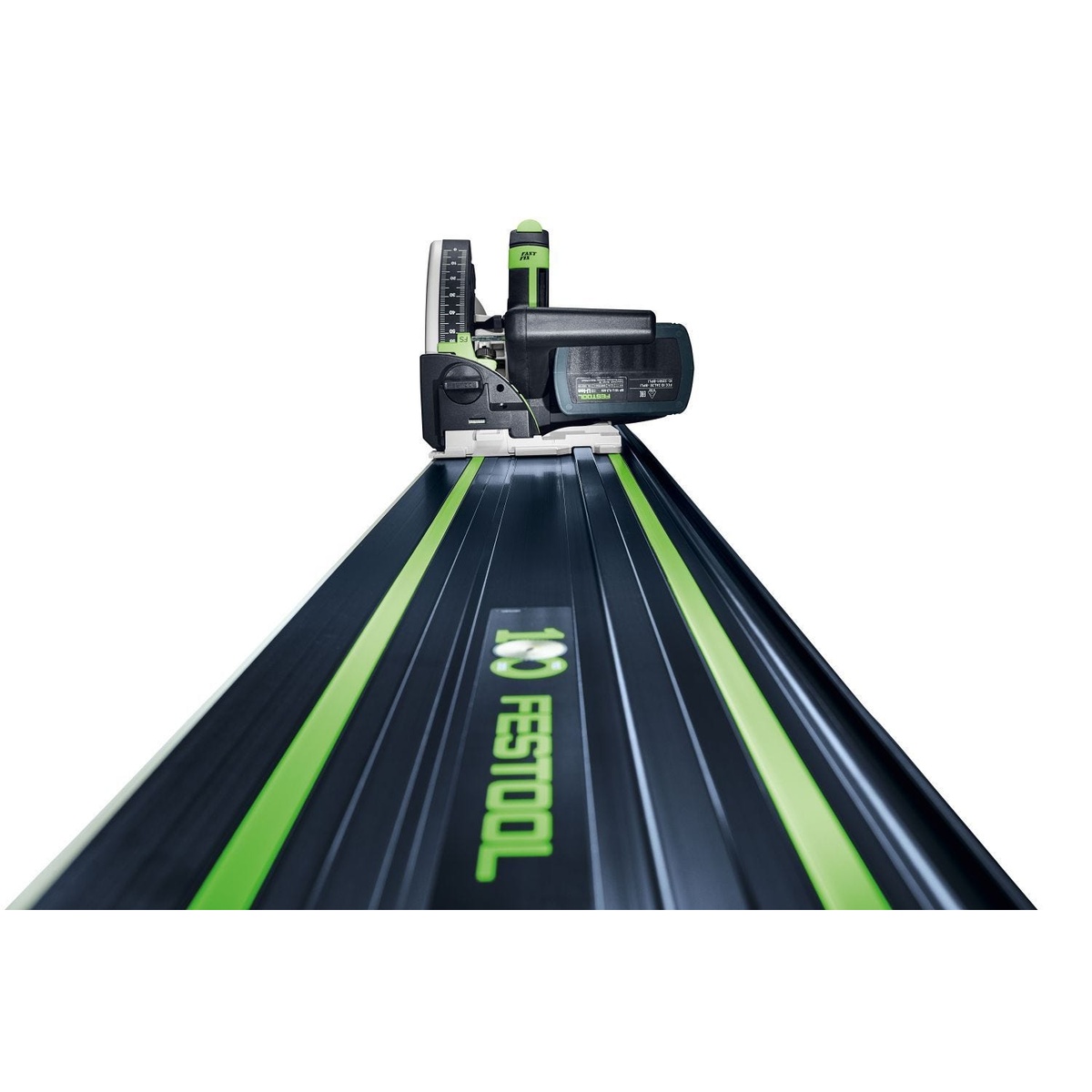 Festool Limited Edition Blue 55 inch Guide Rail 2-Pack w/ Rail Connectors and Tote Bag shown with a compatible Festool saw riding on the rail track system