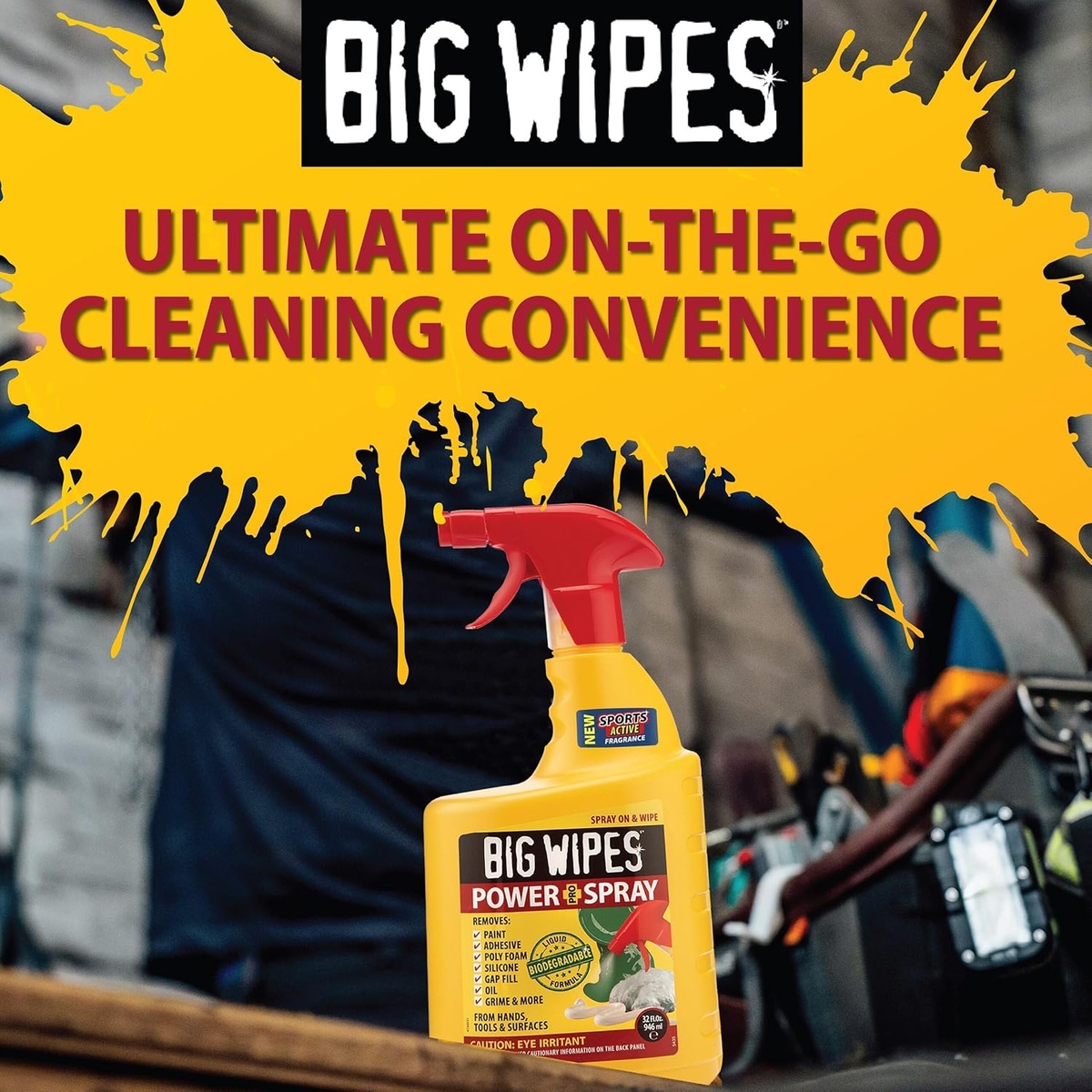 Big Wipes Industrial Cleaning Power Spray 32-oz. bottle on a workbench in a garage or jobsite setting for on-the-go cleaning