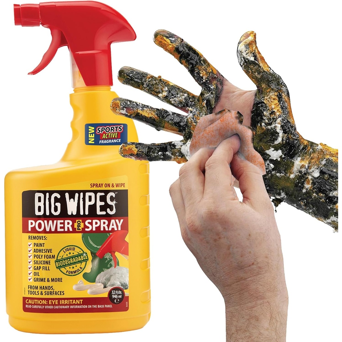 Big Wipes Industrial Cleaning Power Spray 32-oz. shown beside a heavily soiled hand being wiped clean during messy jobsite cleanup