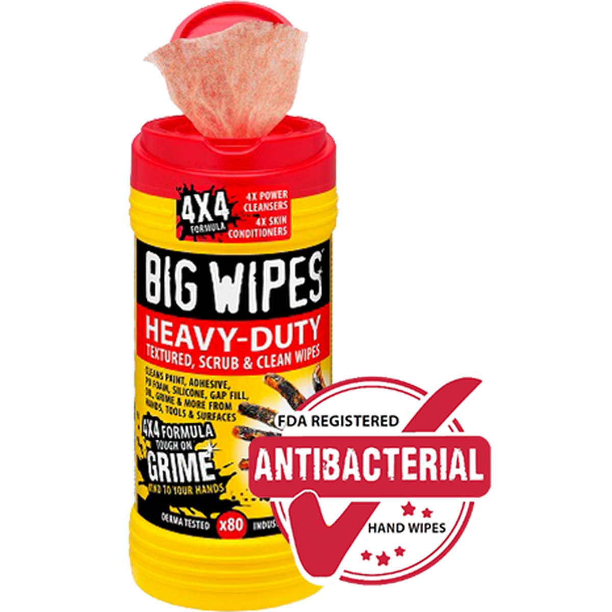 Big Wipes heavy-duty cleaning wipes container with textured wipe visible, shown as a jobsite hand-cleaning wipe for removing grime and adhesive after work