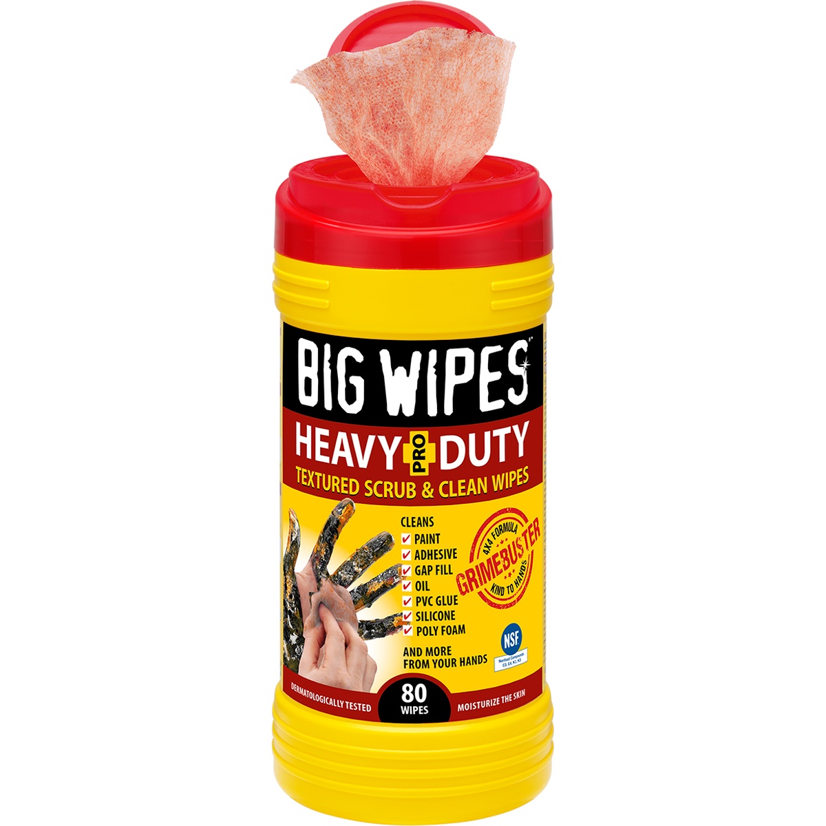 BIG WIPES Heavy Duty Pro+ Textured Scrub & Clean Wipes canister opened on a clean background showing the wipe dispensing from the tub for shop, garage, or jobsite cleanup