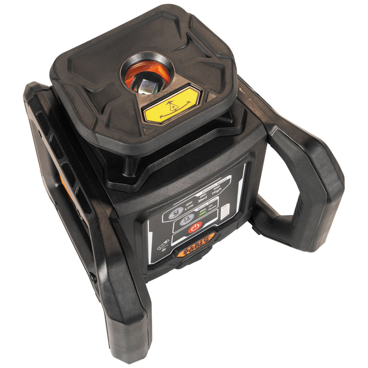 Klein Tools 93RLS Green Rotary Laser Level close-up showing rugged housing and top laser assembly for jobsite leveling work
