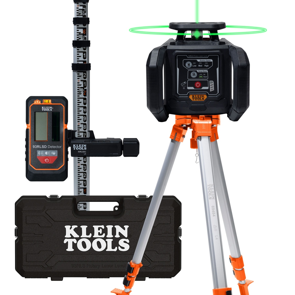 Klein Tools 93RLS Green Rotary Laser Level kit with tripod, detector, grade rod, and hard case for leveling and alignment work