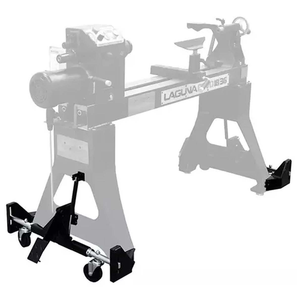 Laguna ALAREVO18 Wheel System REVO 18|36 & 24|36: Wheel System mounted on a Laguna wood lathe in a workshop-style product image, showing the casters, lift arms, and lathe support points used for shop mobility