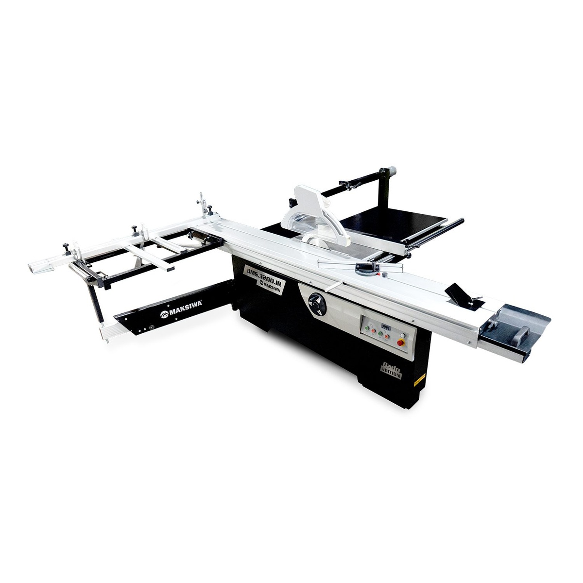 Full view of the Maksiwa BMS.3200.IR sliding panel saw showing sliding table, rip fence, overhead guard, and support tables
