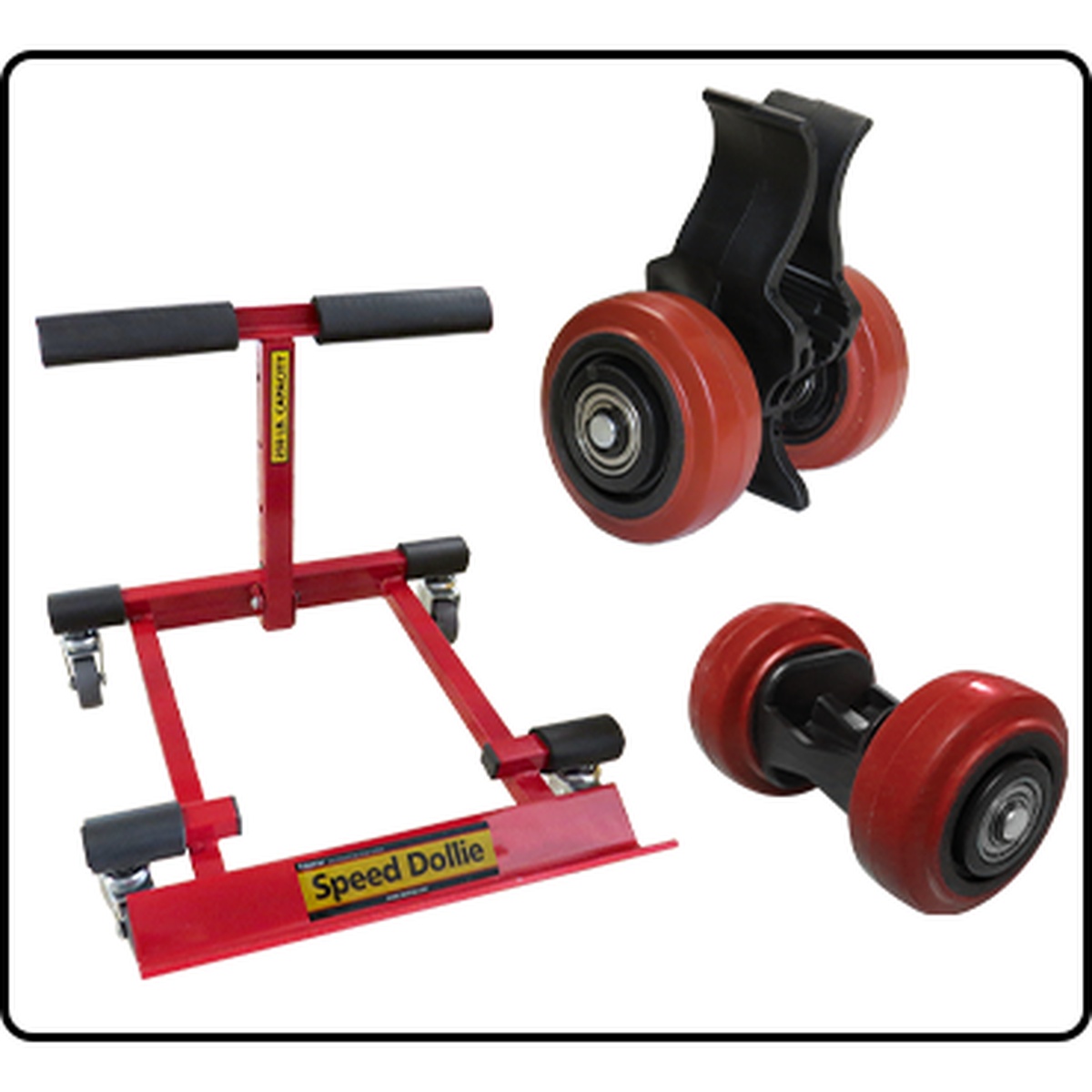 FastCap Clip N Roll Dolly shown with related FastCap material handling tools, highlighting the compact clip-on roller design used for moving granite slabs and heavy sheet material in shop or installation settings