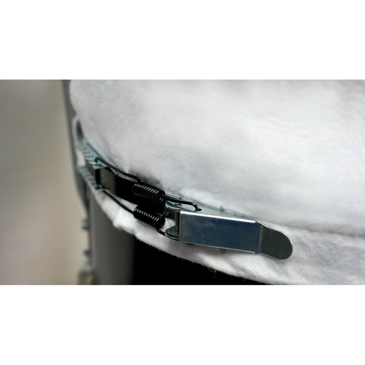 Maksiwa CPD/3.C Dust Collector upper filter bag clamp detail showing sealed bag attachment for fine wood dust collection in a cabinet shop