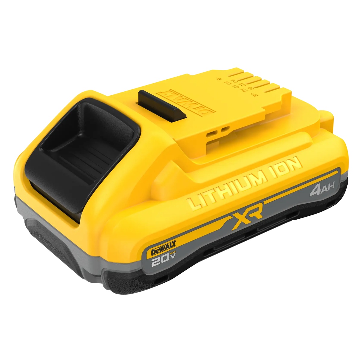 DEWALT DCB2104 20V MAX XR POWERPACK 4Ah Battery showing the battery slide interface and rugged base for regular jobsite handling