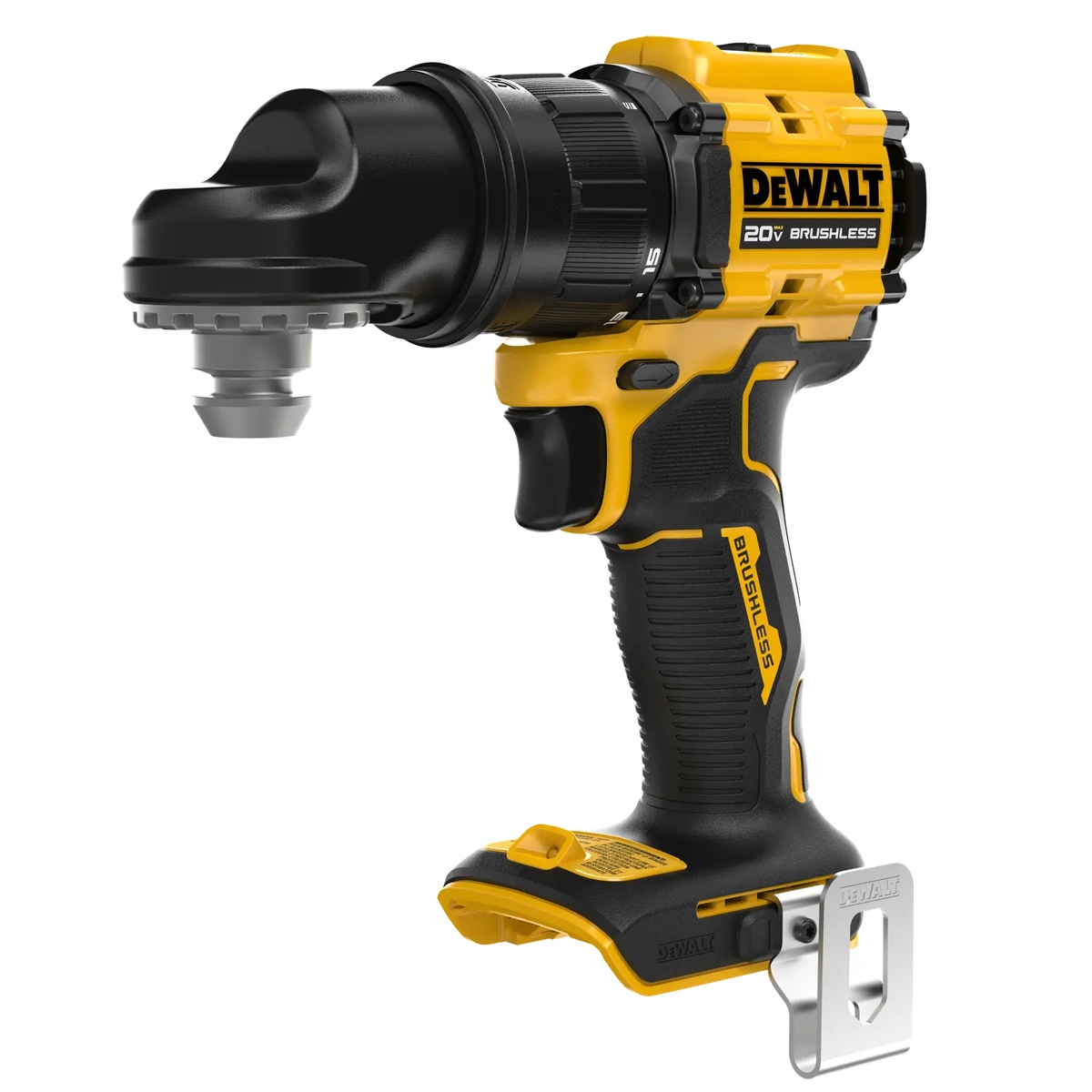 DEWALT DCD803B ATOMIC 20V MAX Multi-Head Drill/Driver with right angle attachment installed for drilling or fastening in tight cabinet and framing spaces