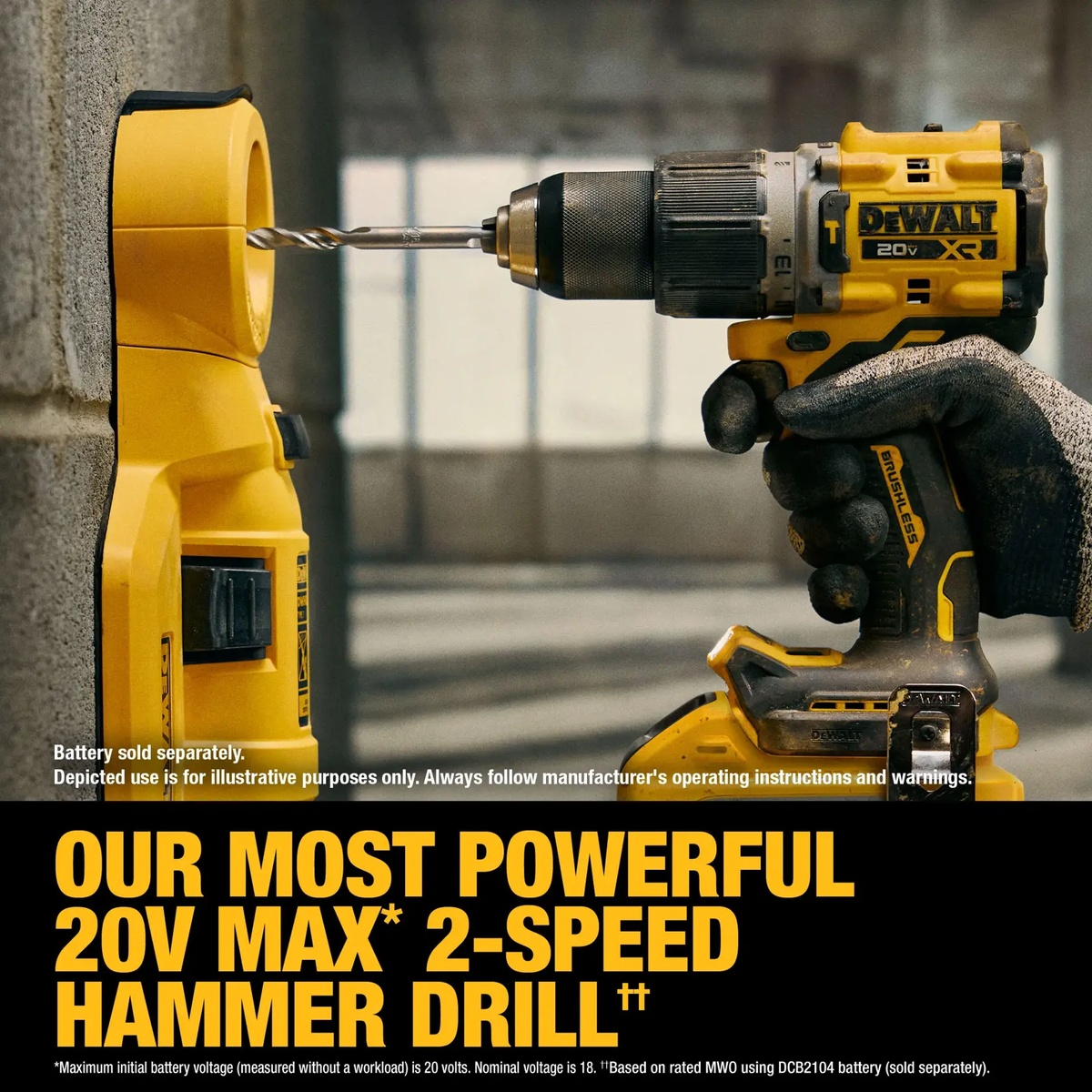 DEWALT DCD806B 20V MAX XR Brushless Cordless 1/2 in. Hammer Drill drilling into a concrete block wall in a jobsite setting
