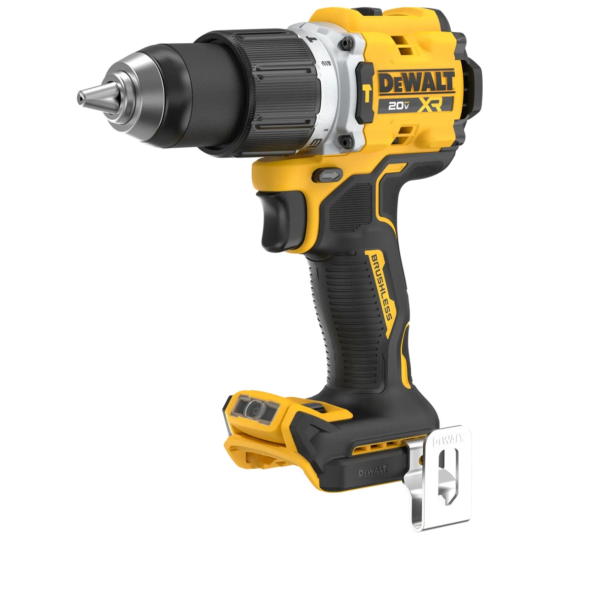 DEWALT DCD806B 20V MAX XR Brushless Cordless 1/2 in. Hammer Drill product view showing metal ratcheting chuck, belt hook, and compact tool body