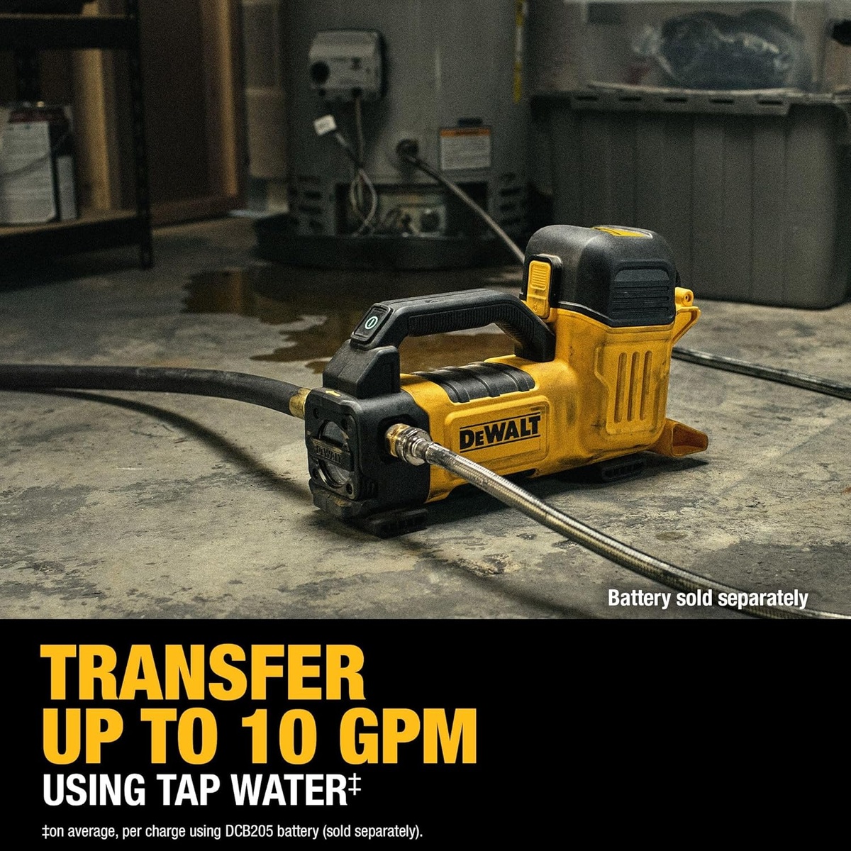 DEWALT DCE050B 20V MAX transfer pump moving tap water through hoses on a shop floor during maintenance work