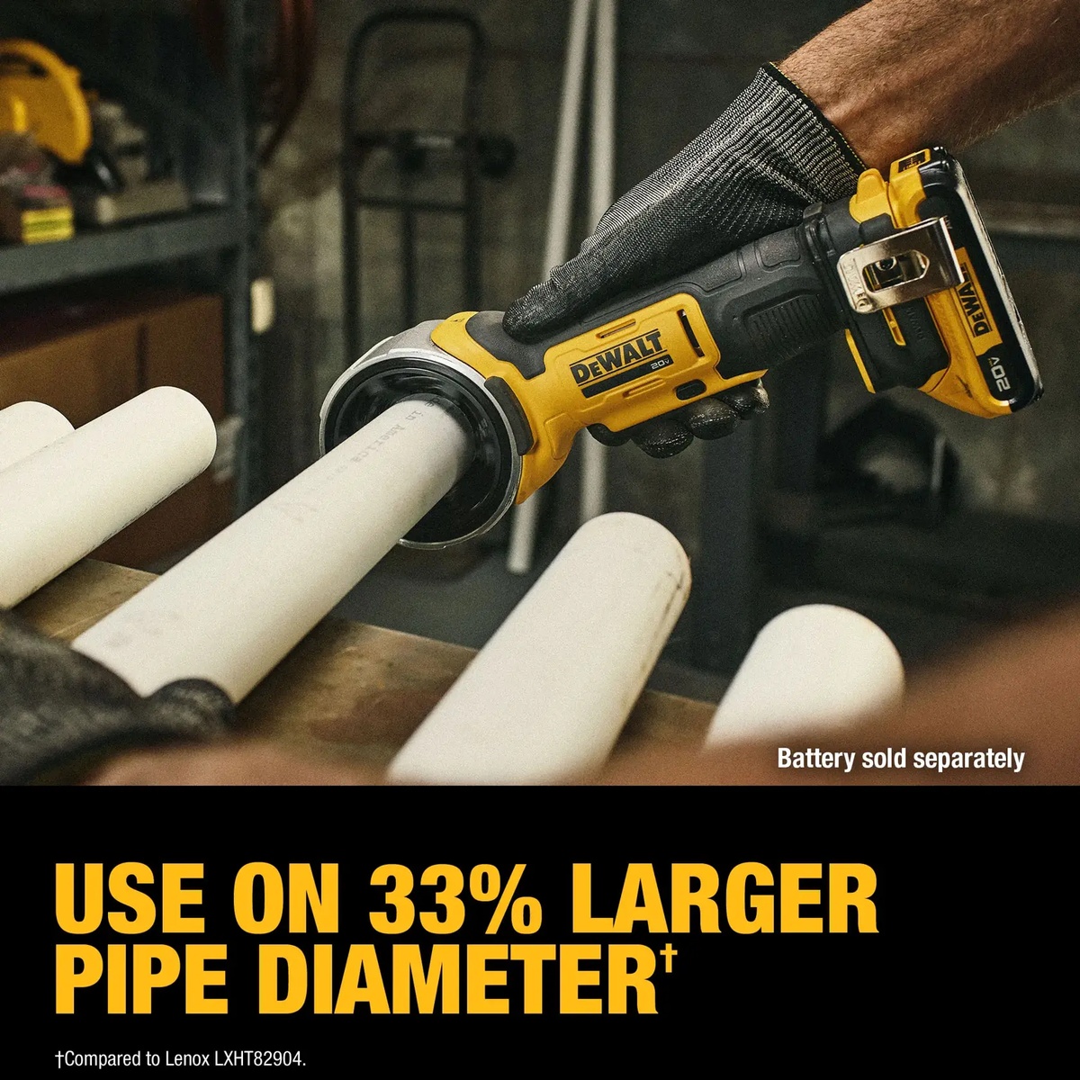 DEWALT DCE710B 20V MAX Pipe Deburring Tool deburring PVC pipe on a workbench during rough-in plumbing work