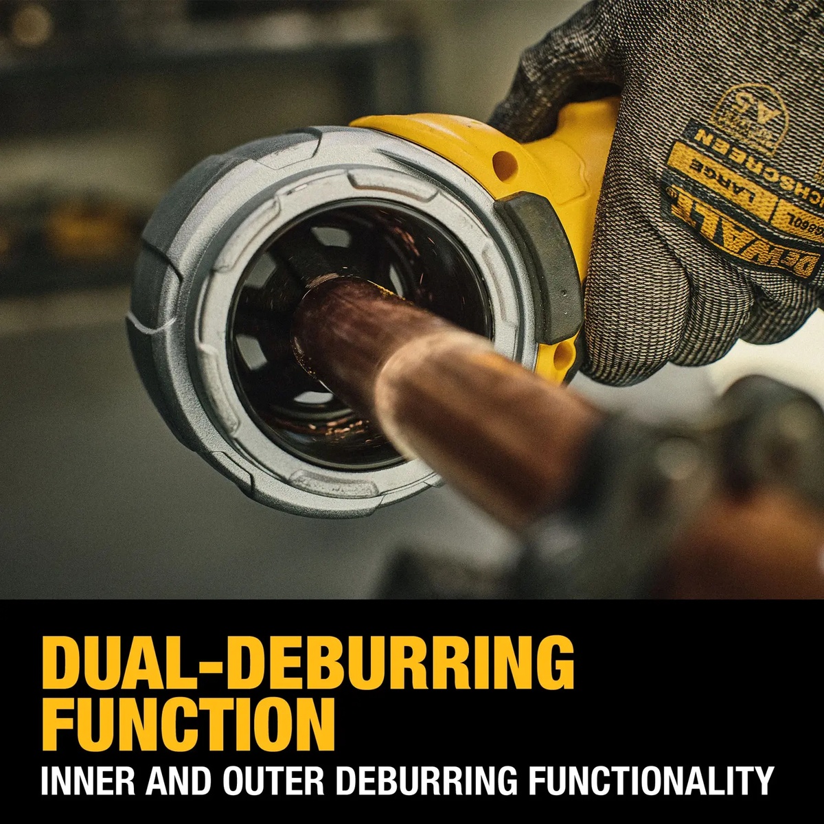 DEWALT DCE710B 20V MAX Pipe Deburring Tool deburring the inner and outer edges of copper tubing during plumbing installation work