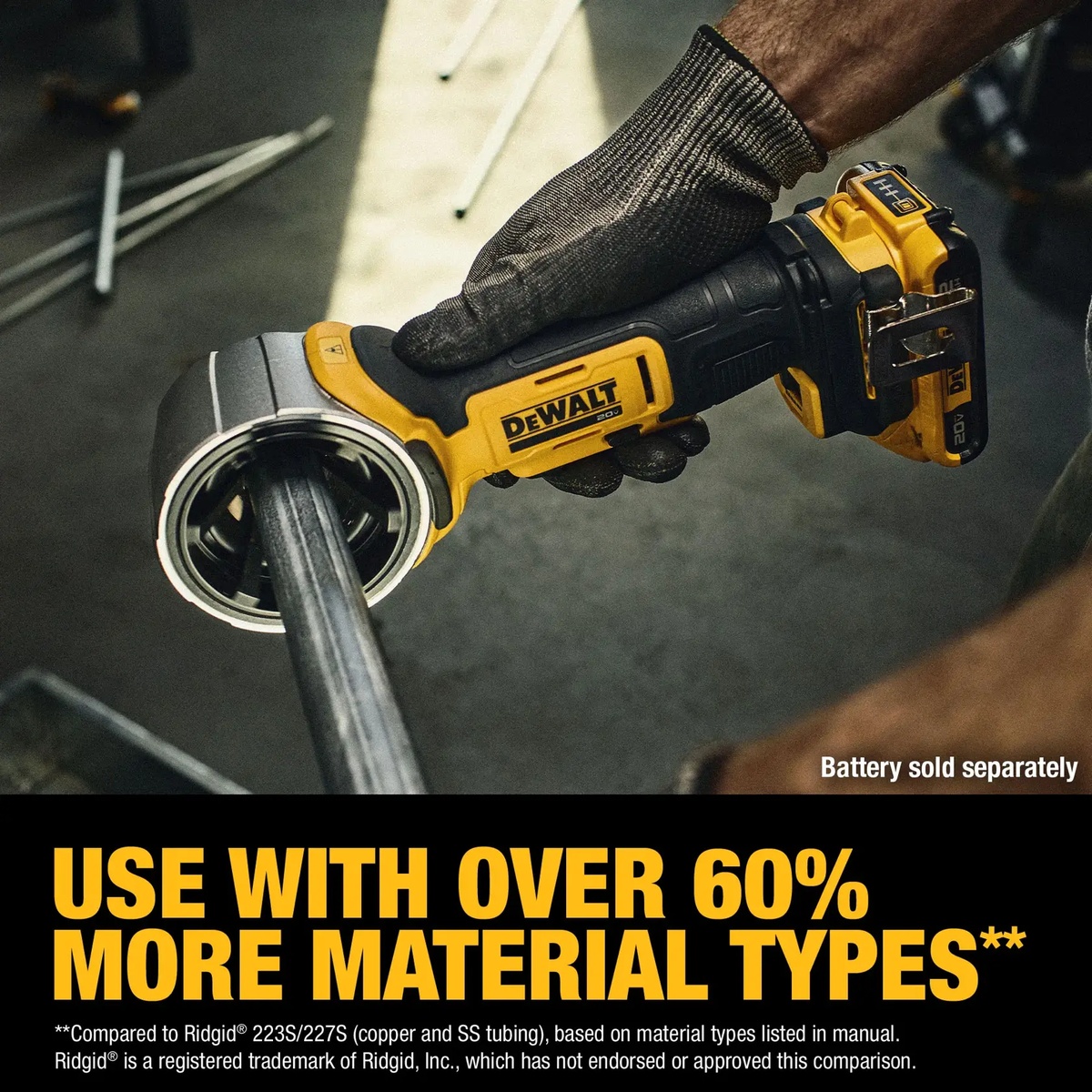 DEWALT DCE710B 20V MAX Pipe Deburring Tool working on metal circular tubing in a shop environment with battery sold separately