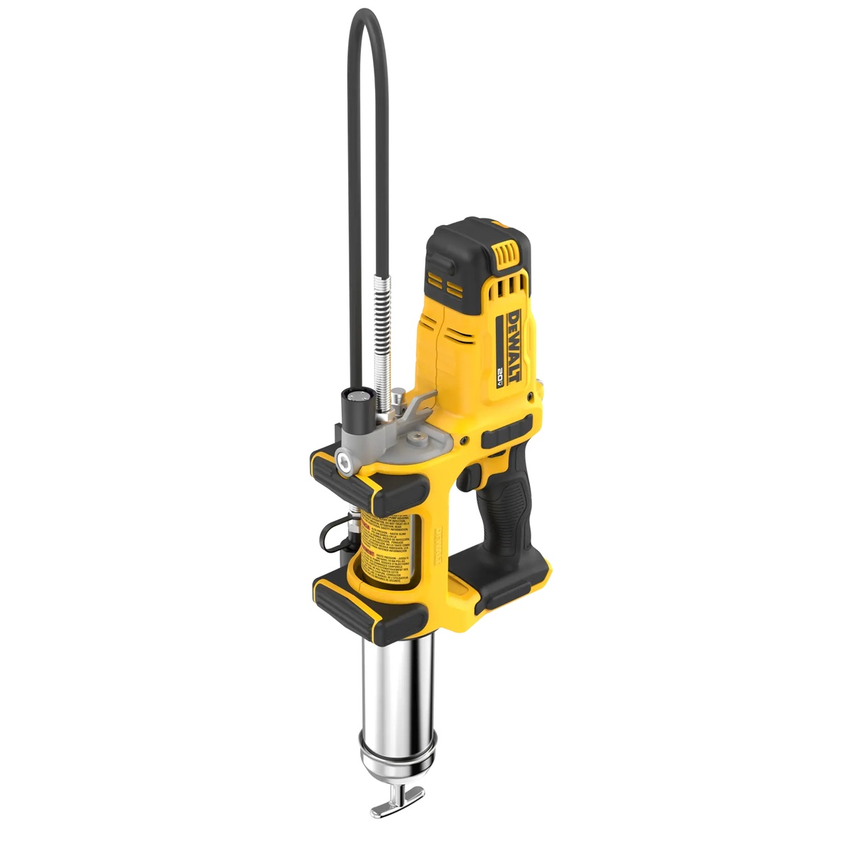 DEWALT DCGG581B 20V MAX 2-Speed Grease Gun shown with reinforced hose and canister for maintenance work on machinery and equipment service points
