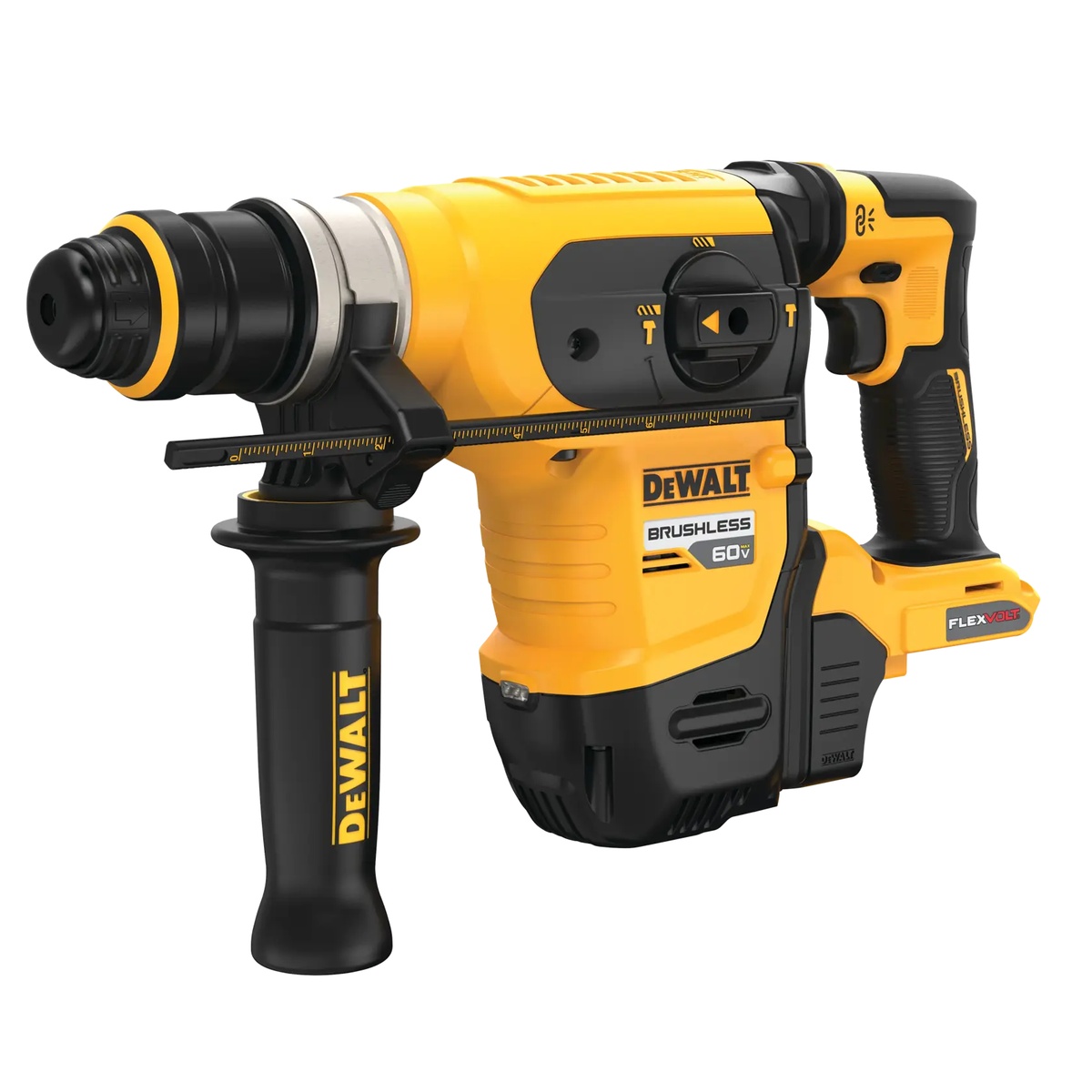 DEWALT DCH416B 60V MAX 1-1/4-in. Brushless Cordless SDS PLUS Rotary Hammer product view showing side handle, depth rod, and mode selector for drilling and chipping applications