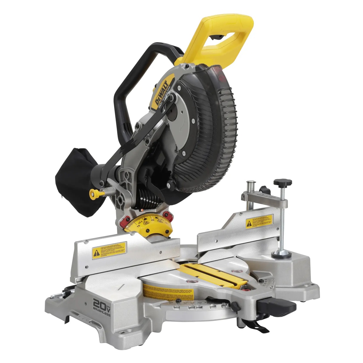 DEWALT DCS714B 20V MAX XR 10 in. Double Bevel Fixed Miter Saw shown in a clean product view with 10 inch blade, clamp, and dust bag for trim and jobsite cutting setup