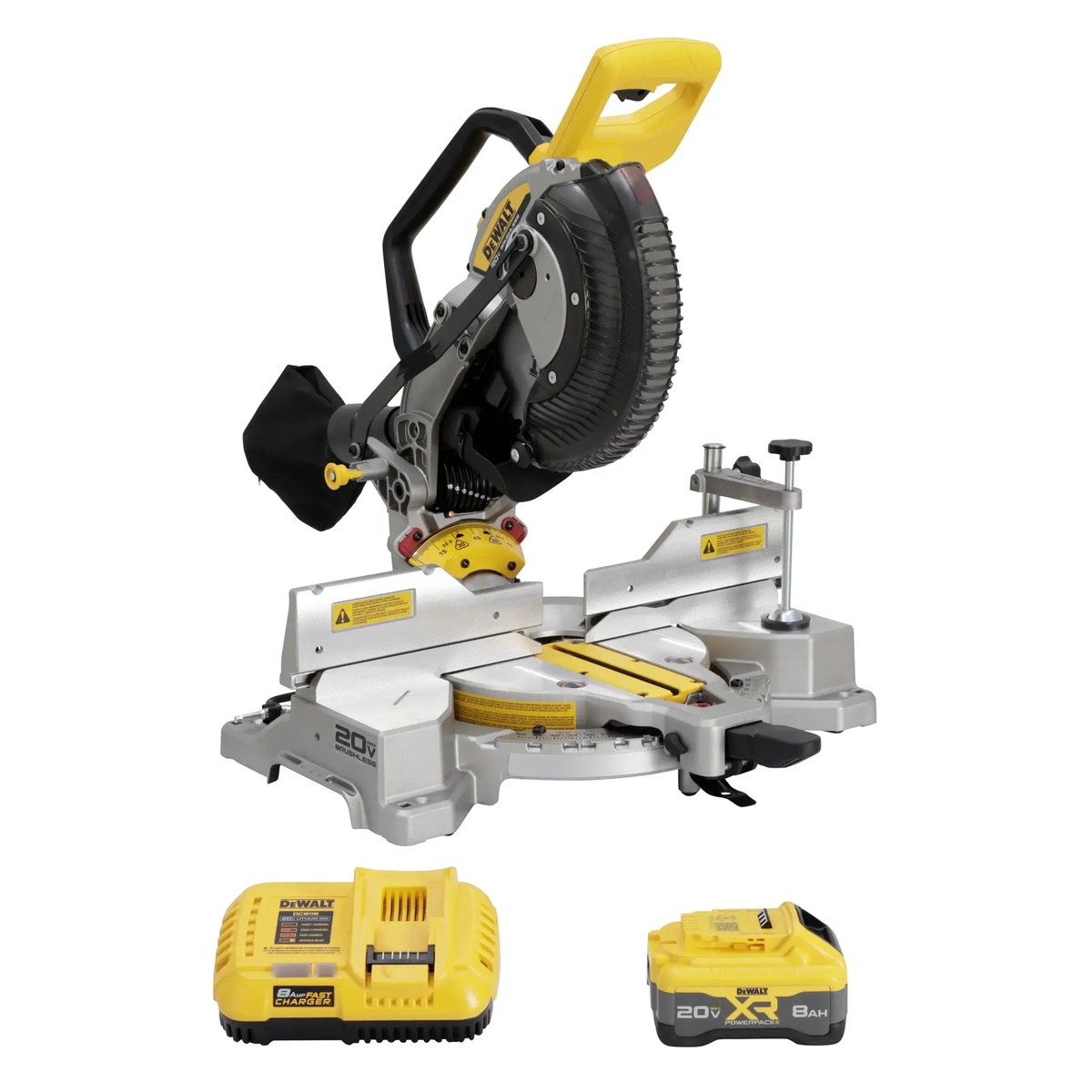 DeWALT DCS714WW1 DEWALT 20V MAX XR 10-in. Double Bevel Fixed Miter Saw 8.0Ah Kit shown with included 8Ah battery and charger on a clean background for cordless trim cutting and remodeling work