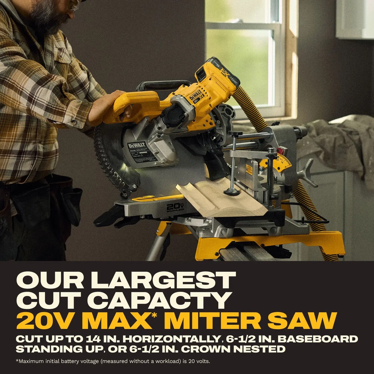 DEWALT 20V MAX XR 12 in. Double Bevel Sliding Miter Saw Kit cutting trim material on an indoor jobsite with dust collection attached