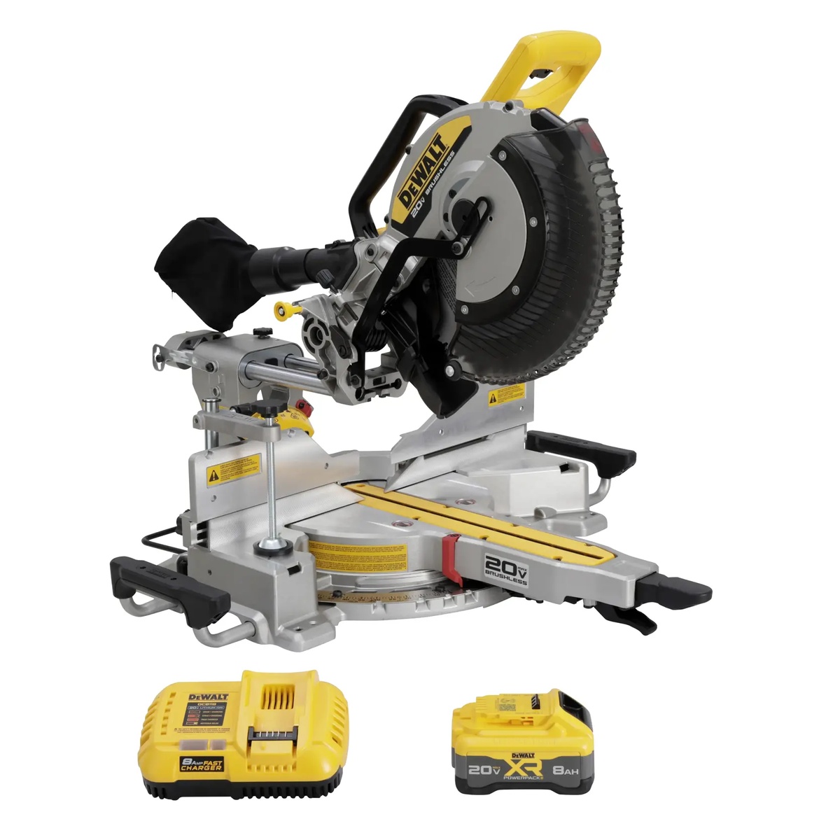 DEWALT 20V MAX XR 12 in. Double Bevel Sliding Miter Saw Kit with included charger and 8Ah battery on a clean background showing the full kit