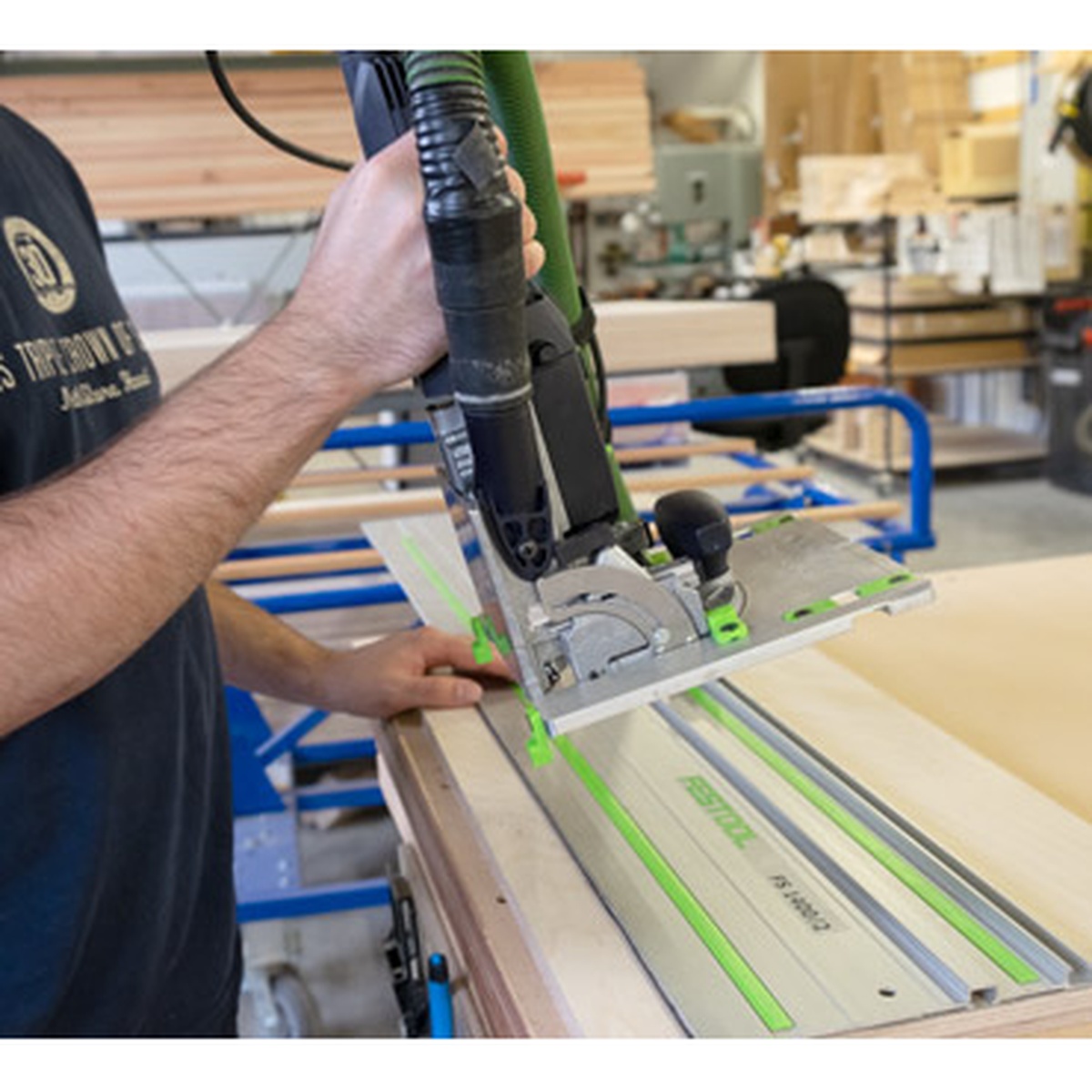 Fastcap Domino Sled for Festool DOMINO mounted on guide rail during woodworking setup for repeatable mortise cutting