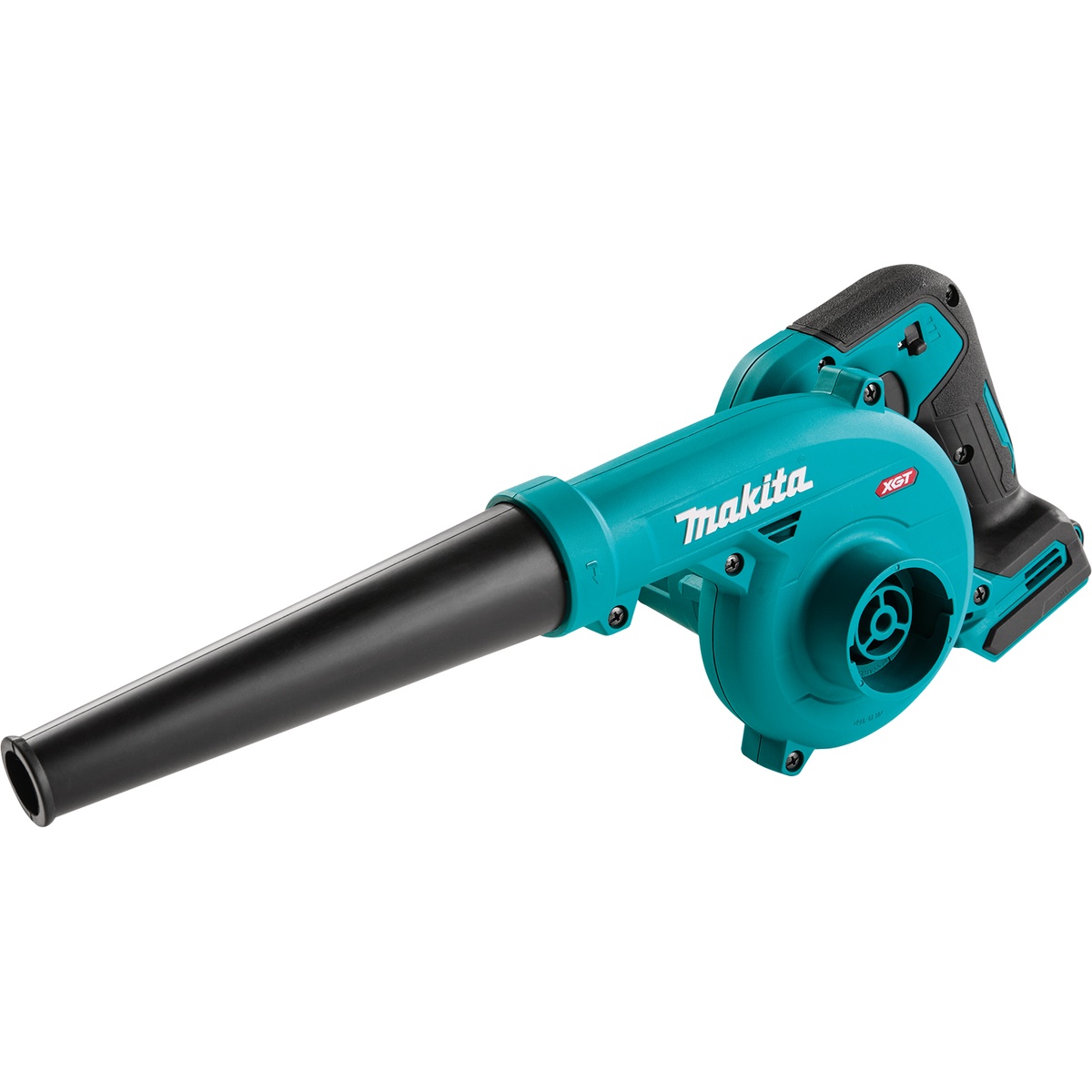 Makita GBU02Z 40V max XGT Cordless Compact Blower shown with rubber nozzle installed for jobsite cleanup and workspace debris removal