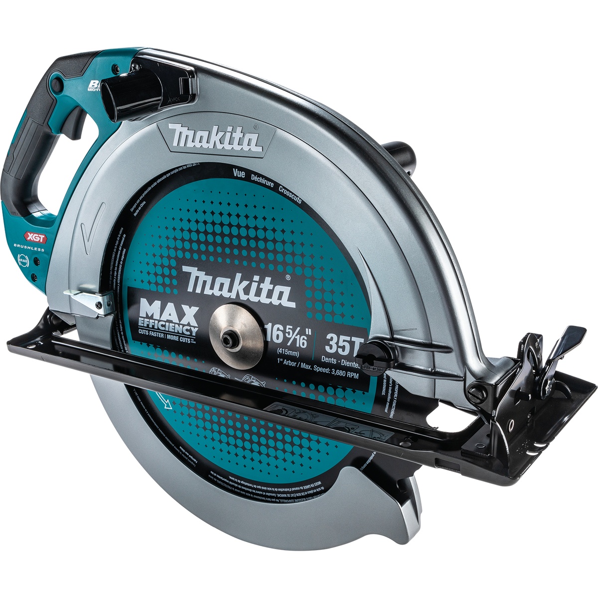Makita GSH06T1 40V max XGT Brushless Cordless 16-5/16 inch Circular Saw shown in clean product view with large blade and base, built for heavy timber cutting on the jobsite