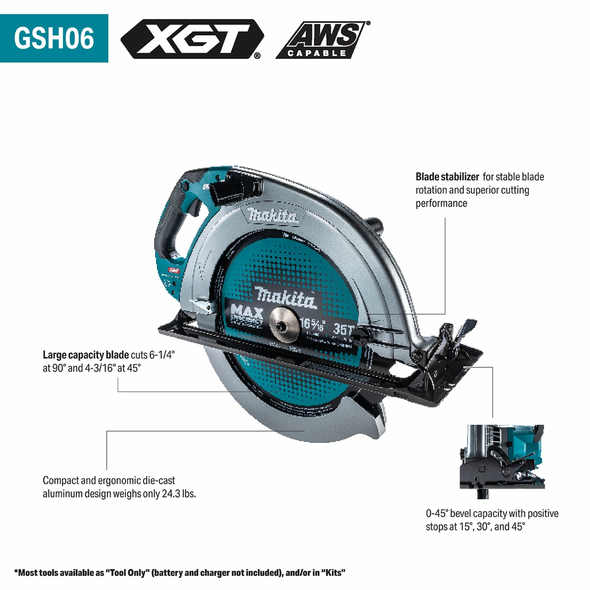 Makita GSH06Z 40V max XGT Brushless Cordless 16-5/16 inch Circular Saw shown in a product detail view highlighting blade capacity, bevel range, and large timber cutting setup for beam work