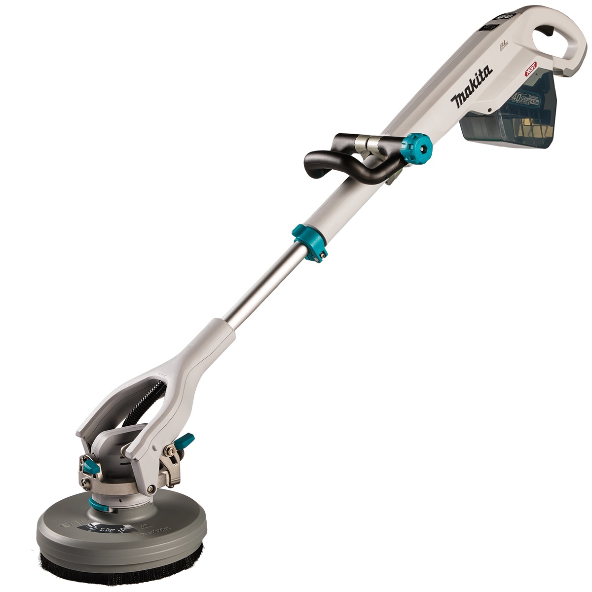 Makita 40V max XGT Brushless Cordless Telescoping 8 inch Polisher / Scrubber Kit shown as a cordless floor cleaning tool with telescoping handle and scrubbing head for hard surface maintenance on jobsites and commercial spaces