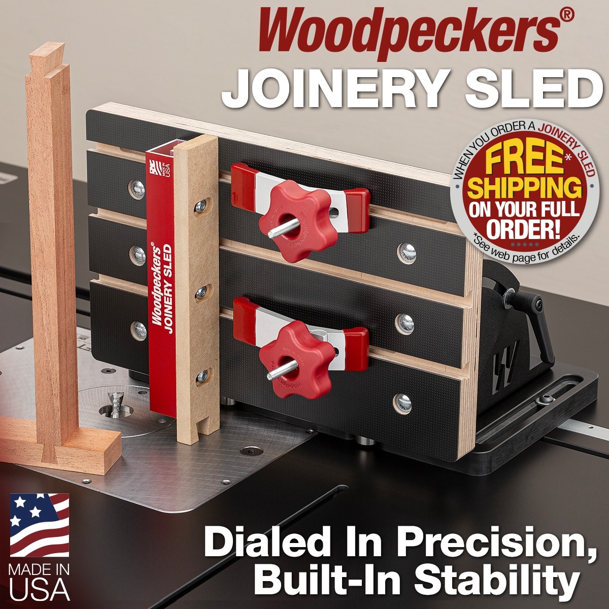 Woodpeckers Joinery Sled mounted on a saw table with clamping knobs and fence system in a woodworking setup
