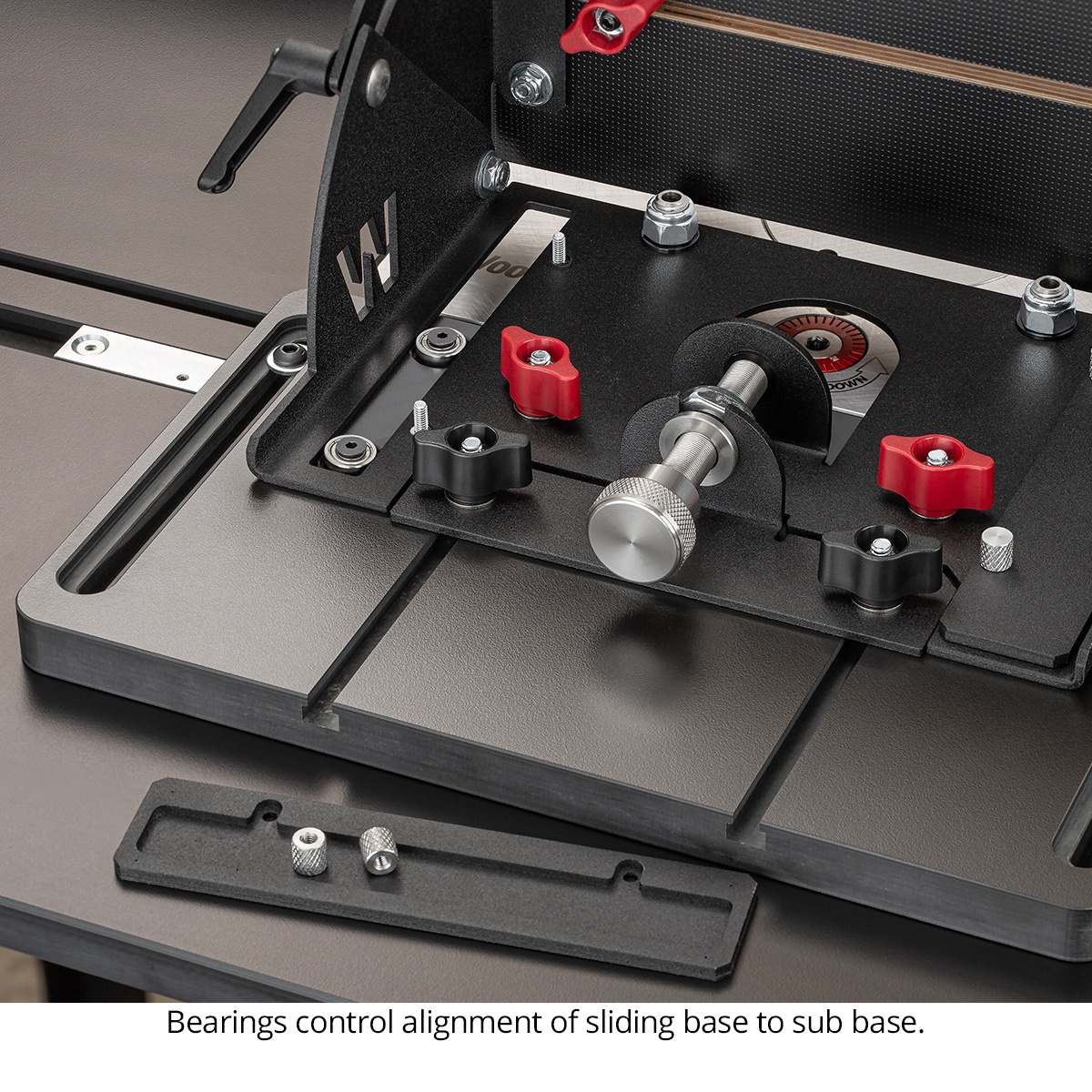 Woodpeckers Joinery Sled base and bearing system controlling alignment on a saw table for precision woodworking cuts