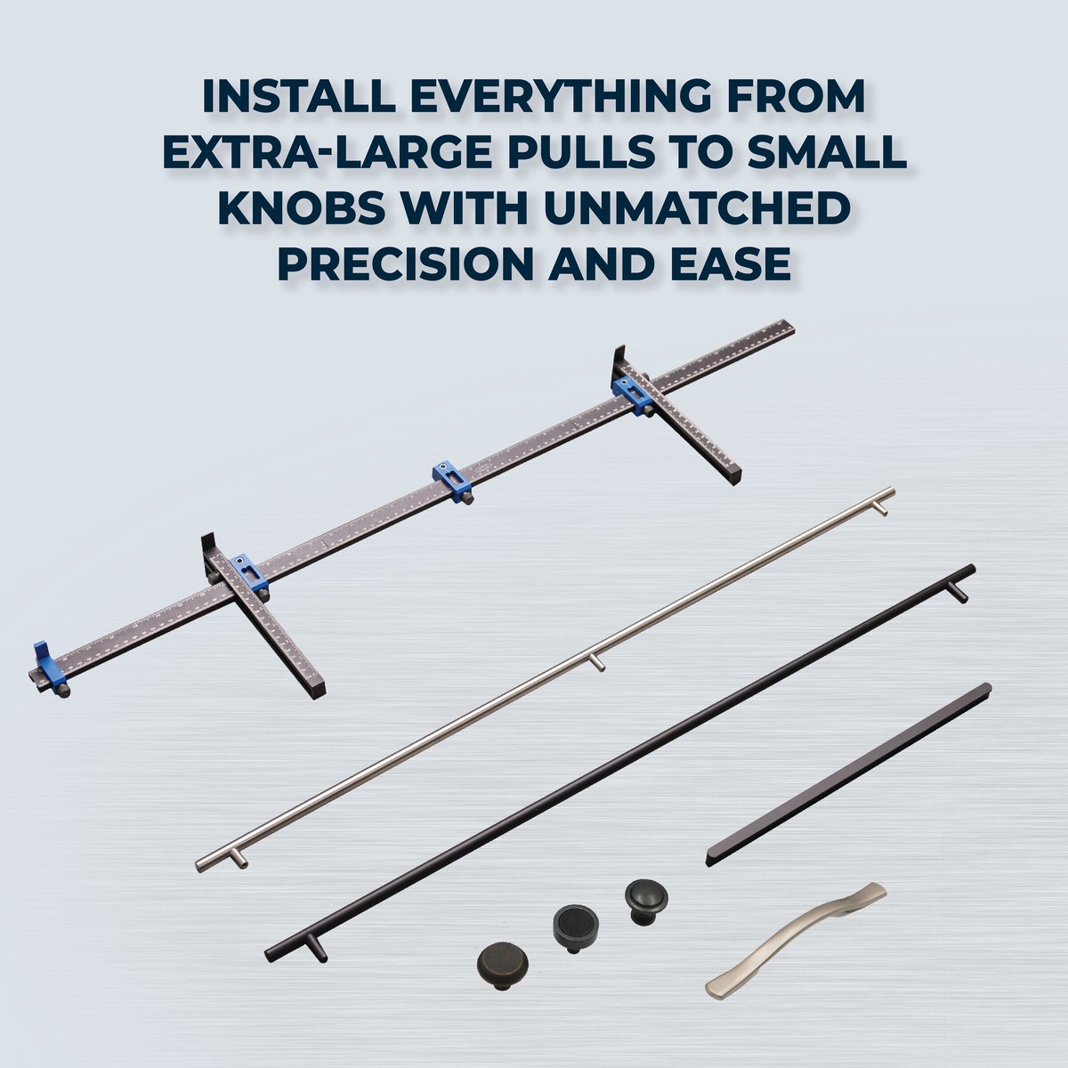 Kreg Cabinet Hardware Jig Pro XL shown with cabinet pulls and knobs to illustrate hardware installation from extra-large pulls to small knobs