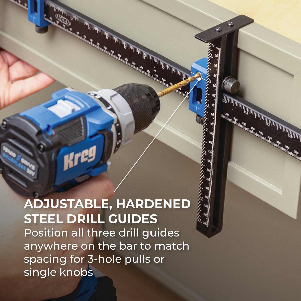 Kreg Cabinet Hardware Jig Pro XL close-up showing adjustable hardened steel drill guides during cabinet hardware hole drilling
