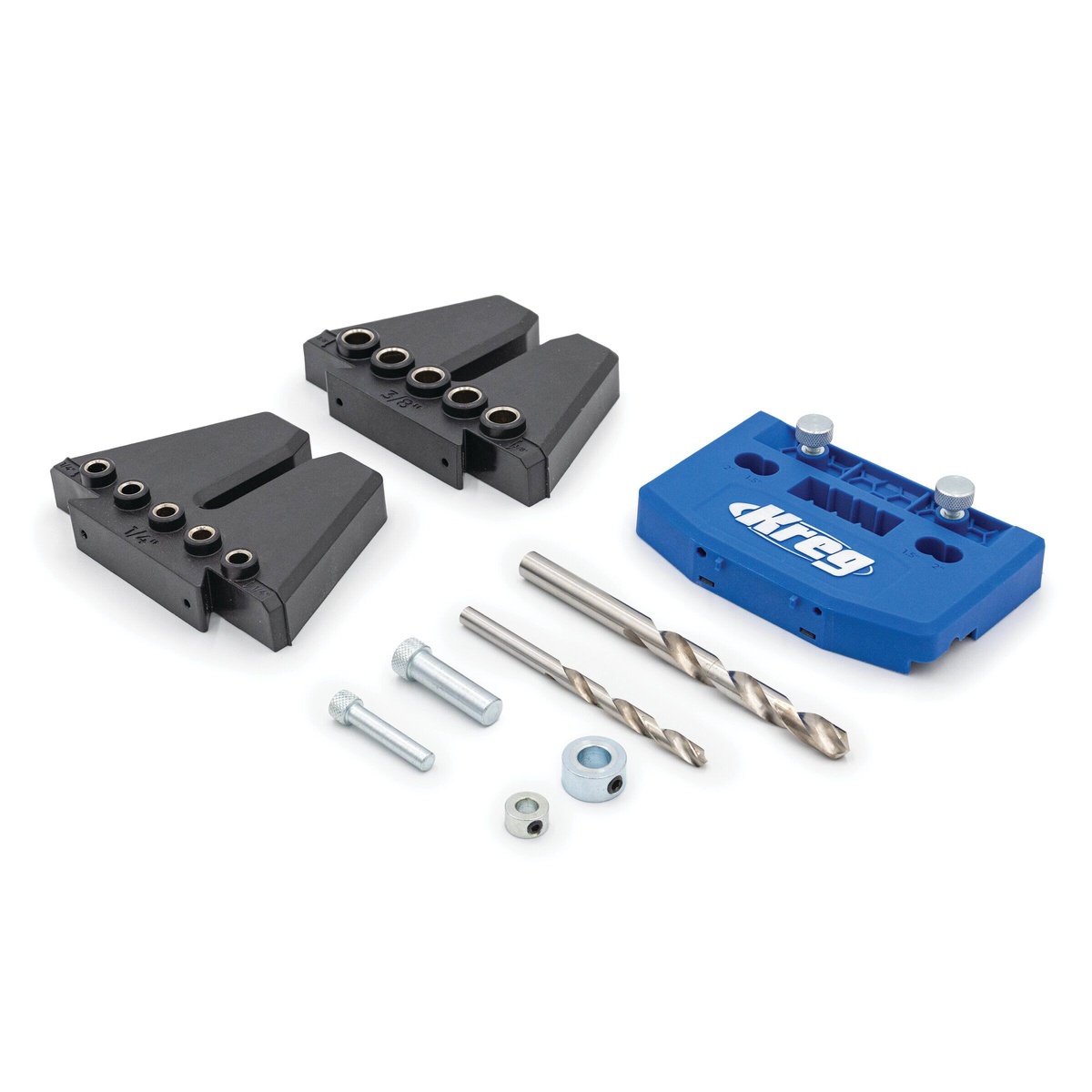 Kreg Tool KHJD345 dowel jig kit with jig base, removable drill guides, drill bits, stop collars, and setup pins laid out on a clean background for woodworking joinery setup