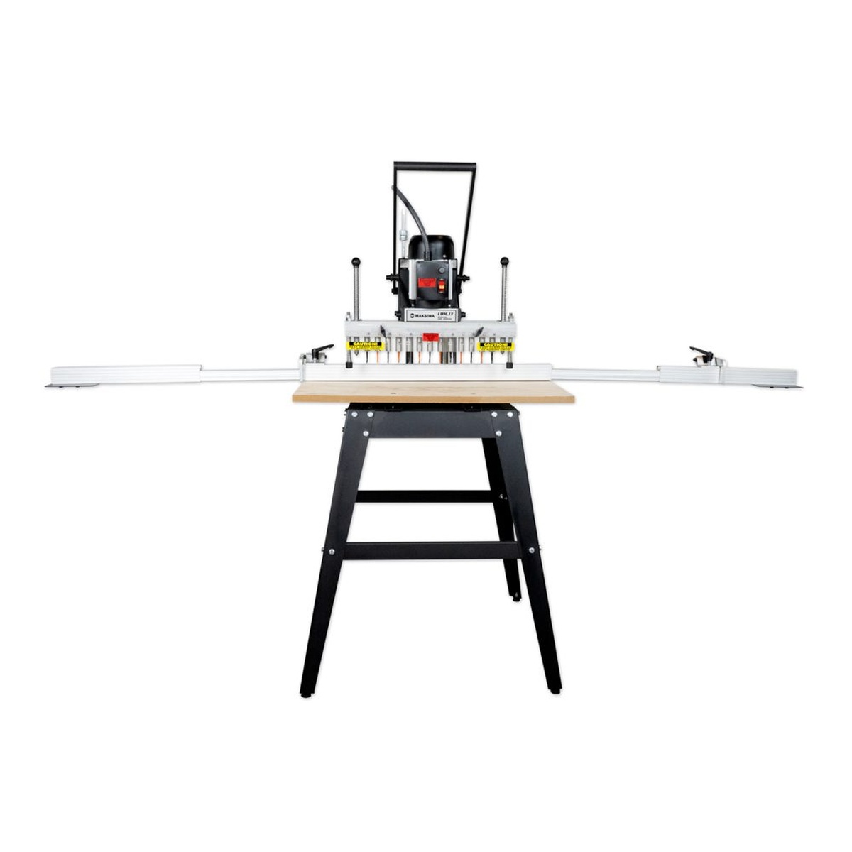 Maksiwa LBM.13 Manual Line Boring Machine full front view with stand, table, and expandable fence in a shop setup