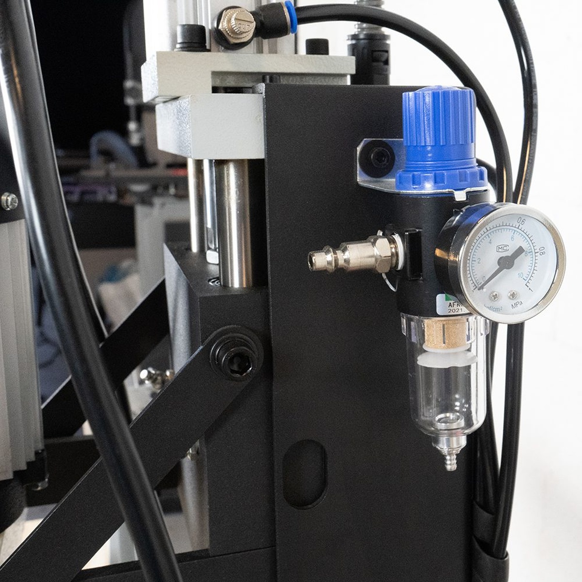 Maksiwa LBP.13 Pneumatic Line Boring Machine air regulator and filter mounted on the machine for woodworking shop air setup