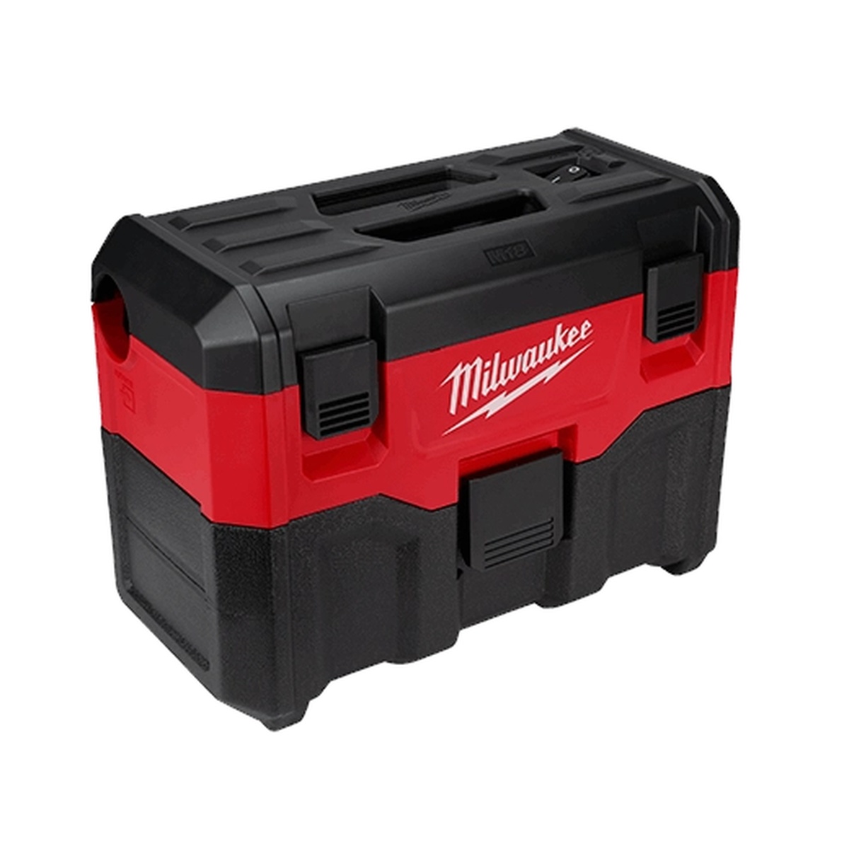 Angled view of Milwaukee 0880-20 M18 2-Gallon Wet/Dry Vacuum showing compact toolbox-style housing for truck storage and jobsite carry
