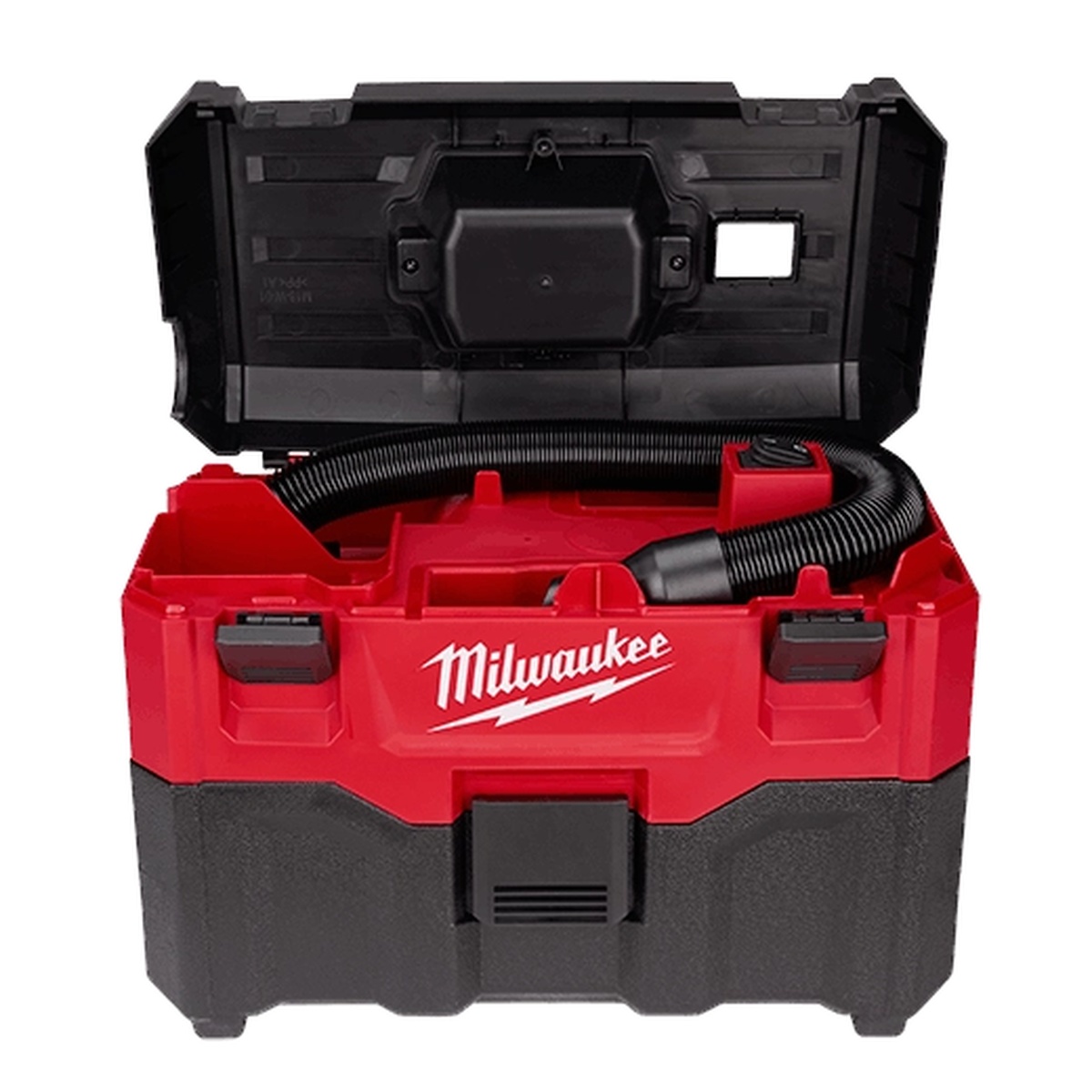 Open Milwaukee 0880-20 M18 2-Gallon Wet/Dry Vacuum showing internal hose storage and organized accessory storage inside the lid