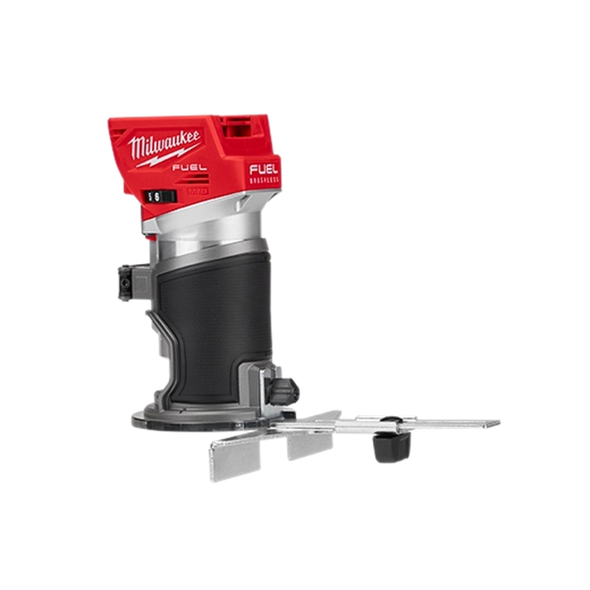 Milwaukee 2723-20 M18 FUEL Compact Router with straight edge guide installed for controlled routing and edge trimming