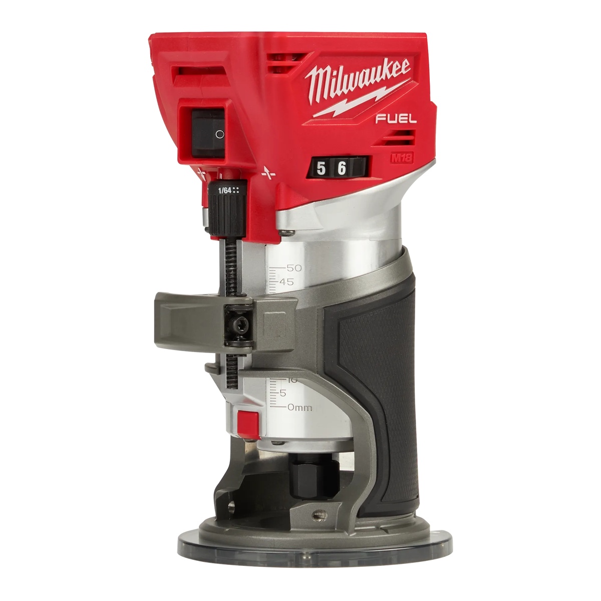 Milwaukee 2723-20 M18 FUEL Compact Router close-up showing the macro and micro depth adjustment controls on the fixed base