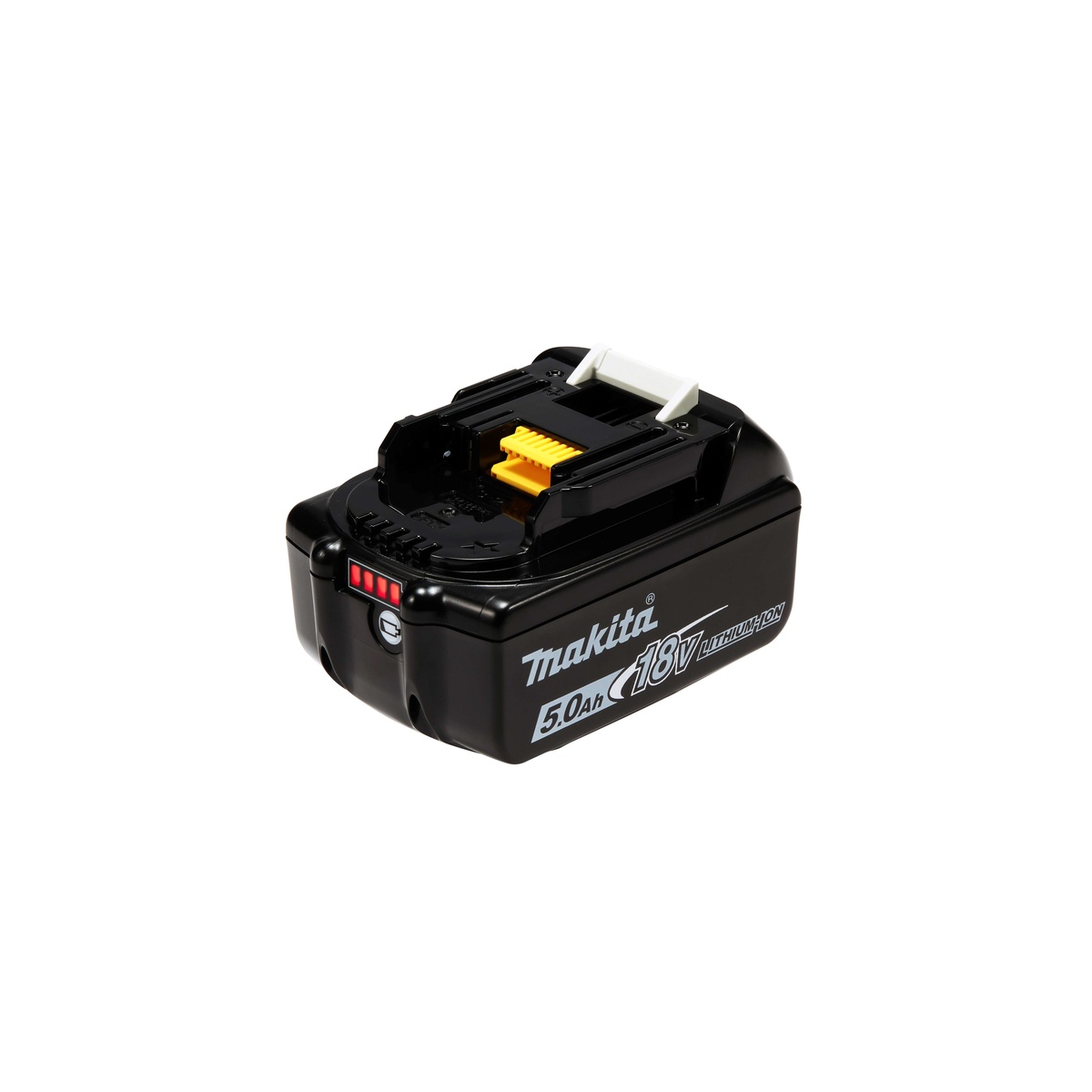 Makita BL1850B-2 18V LXT Lithium-Ion 5.0Ah battery close-up showing the built-in LED fuel gauge for cordless tool battery monitoring
