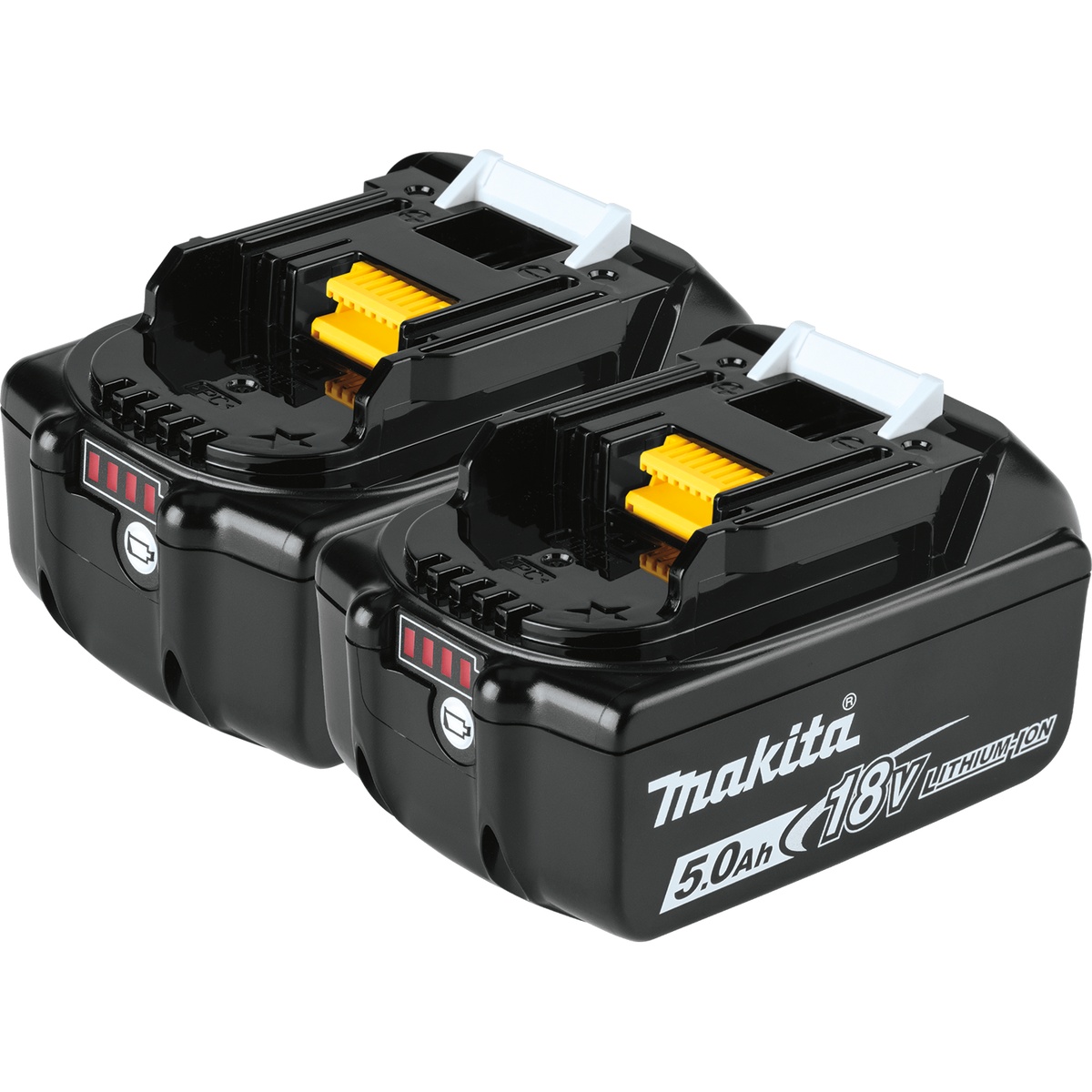 Makita BL1850B-2 18V LXT Lithium-Ion 5.0Ah Battery 2-Pack shown as two slide-style battery packs for Makita cordless tool use on a jobsite