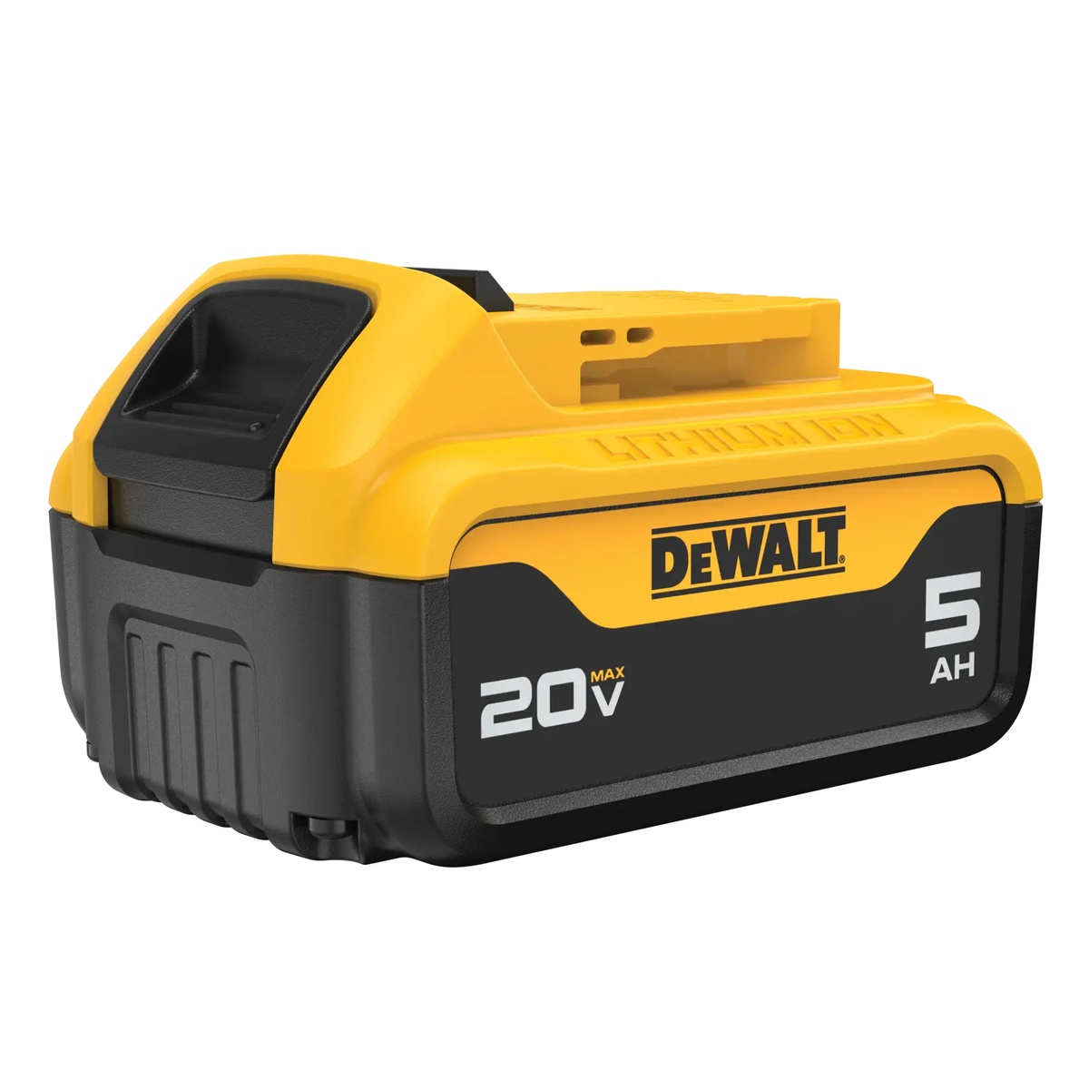 DEWALT DCB205 20V MAX 5Ah Battery shown in angled product view for cordless tool runtime and everyday jobsite use