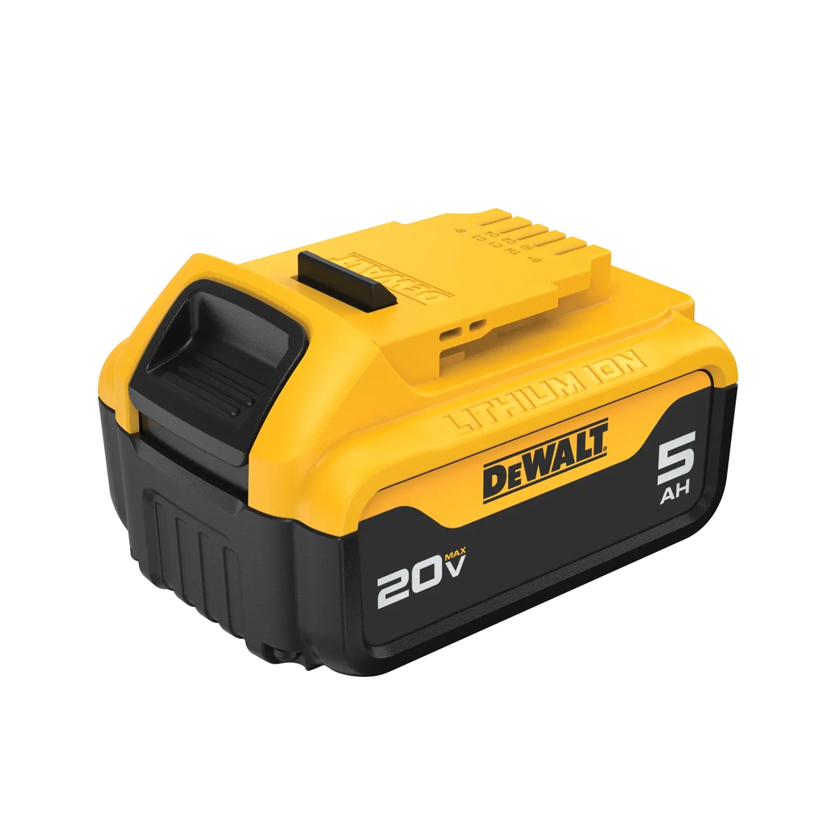 DEWALT DCB205 20V MAX 5Ah Battery top and side view highlighting the battery pack design and charge indicator area for cordless tool users