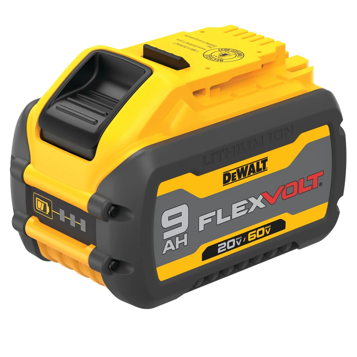 DEWALT DCB609 FLEXVOLT 9Ah Battery angled product view showing the 9 amp hour pack for extended runtime in cordless cutting and fastening work