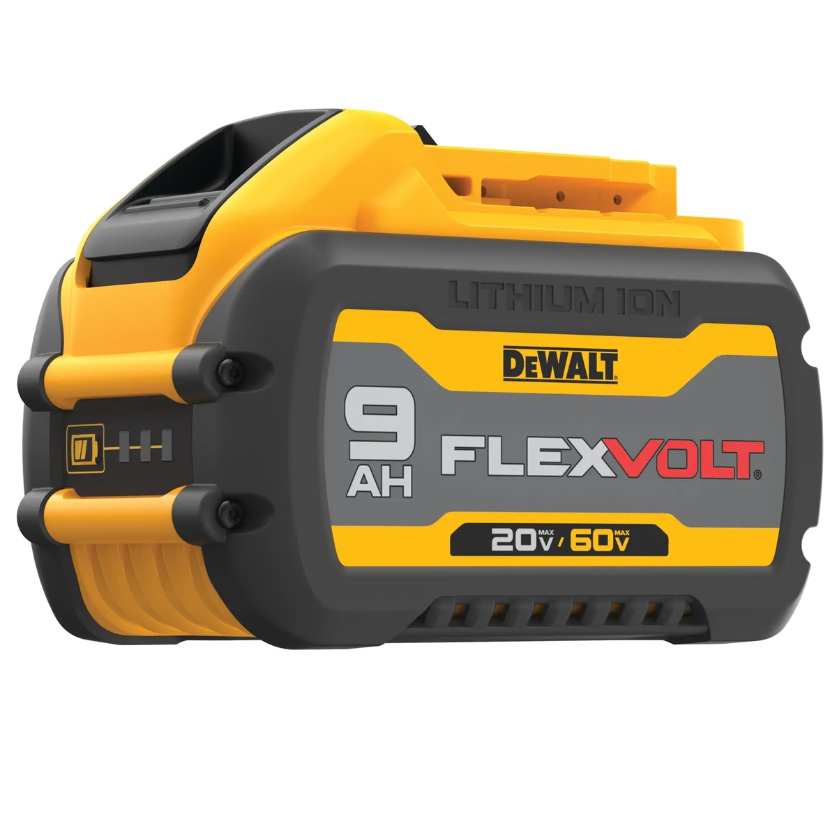 DEWALT DCB609 FLEXVOLT 9Ah Battery close-up showing the built-in LED fuel gauge for checking charge status before jobsite use