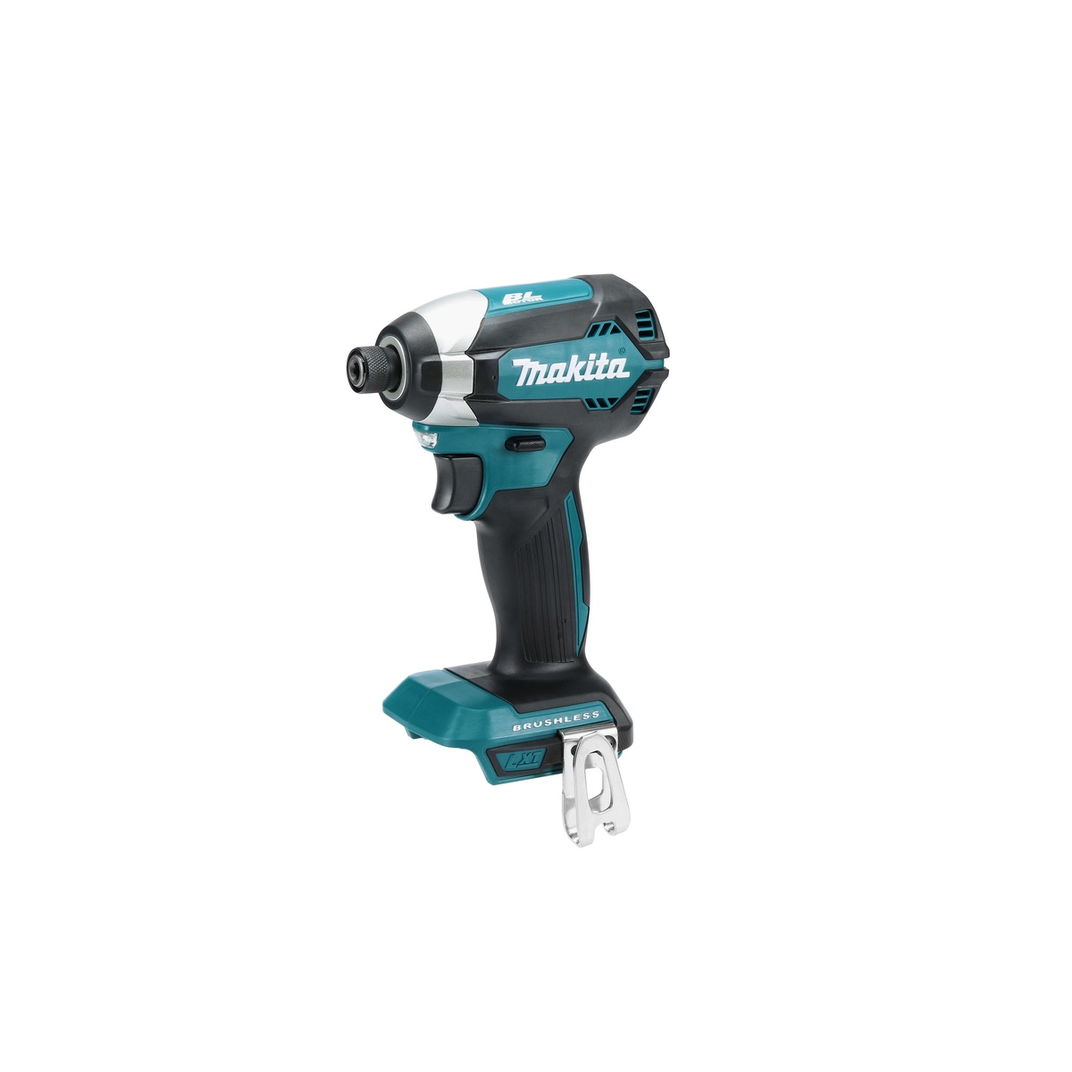 Makita XDT13Z impact driver on a clean background showing the brushless motor housing, hex chuck, and compact cordless layout used for fastening on jobsites and in shop work