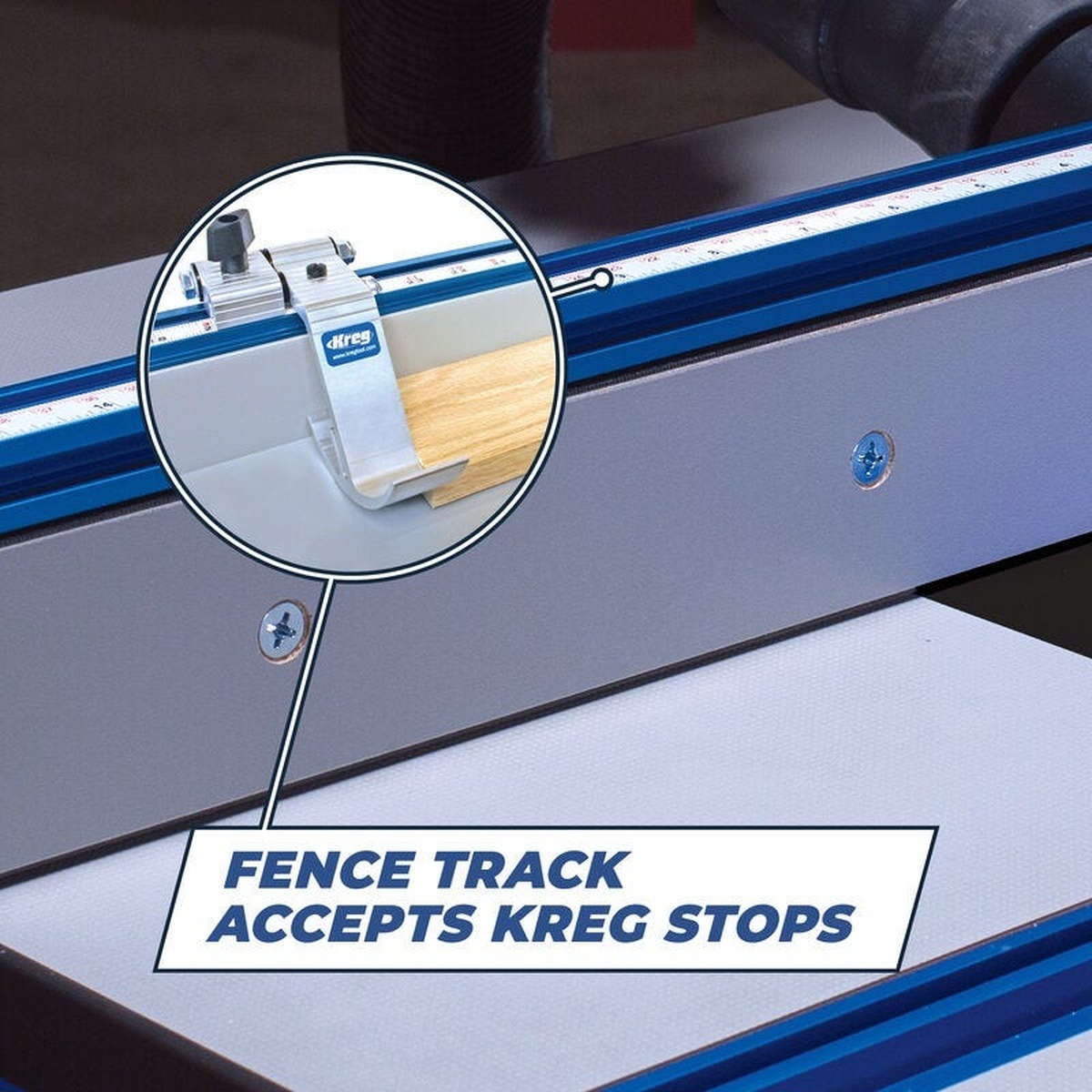 Kreg PRS1045-KIT router table kit fence track close-up showing compatibility with Kreg stops for repeat woodworking cuts and fence positioning
